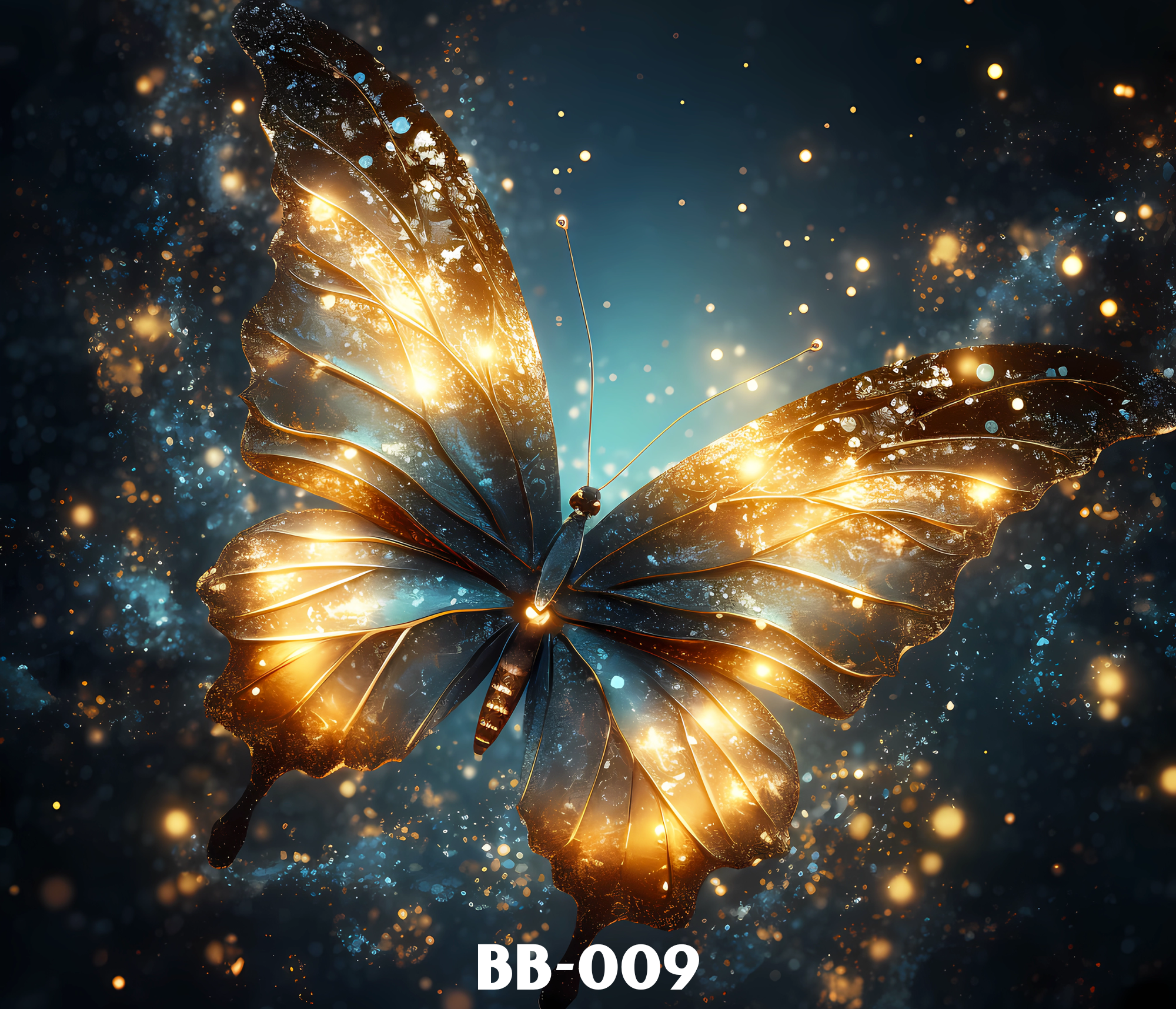 A glowing golden butterfly sculpture with intricate cutouts, illuminated from behind, set against a dark background with scattered light particles.