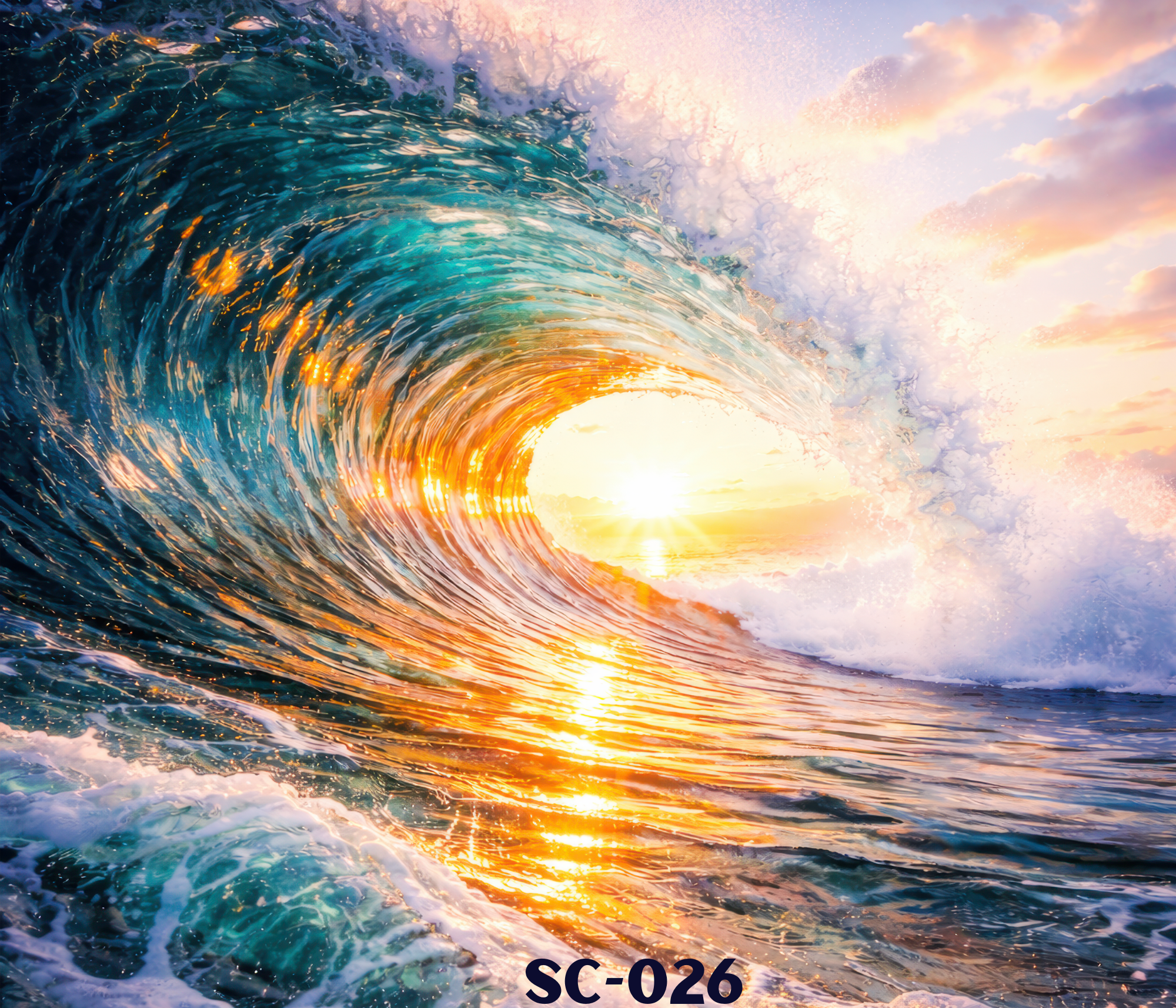 A large ocean wave curling with sunlight shining through the center, creating a golden glow. The sky in the background is partly cloudy with colors of pink, orange, and blue. There is text at the bottom right corner that reads 'SC-026'.