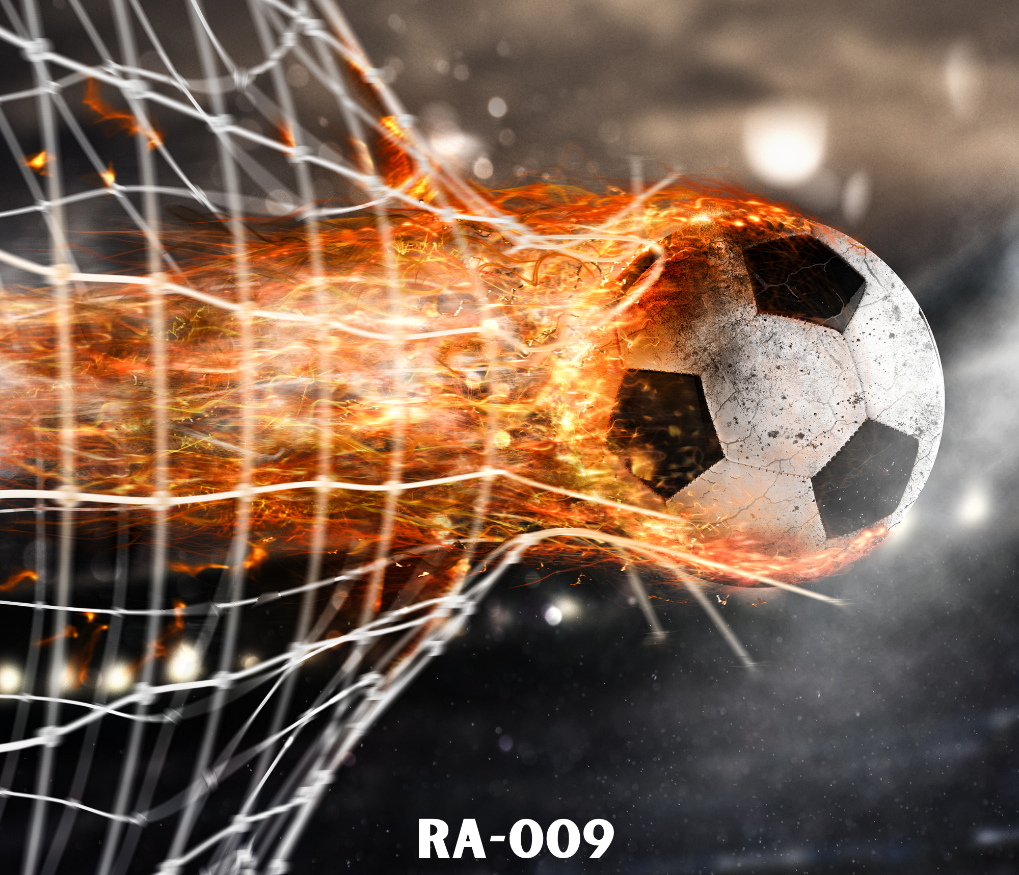 A damaged soccer ball with flames and sparks on a dark background, with a metal wire net nearby.