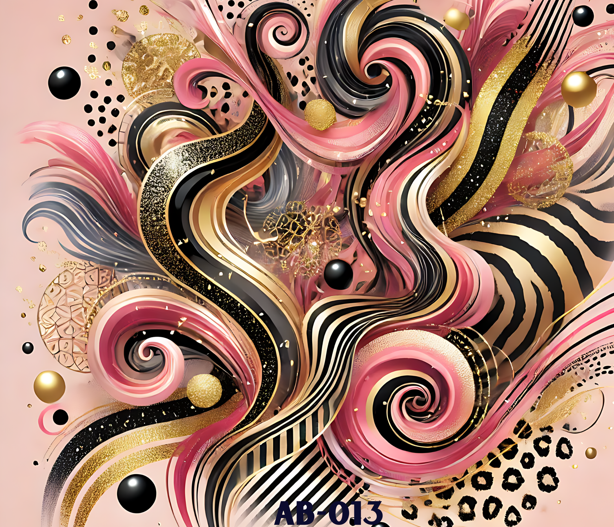 Abstract swirling pattern with pink, black, gold, and cream colors, featuring gold and black spherical accents and leopard print details.