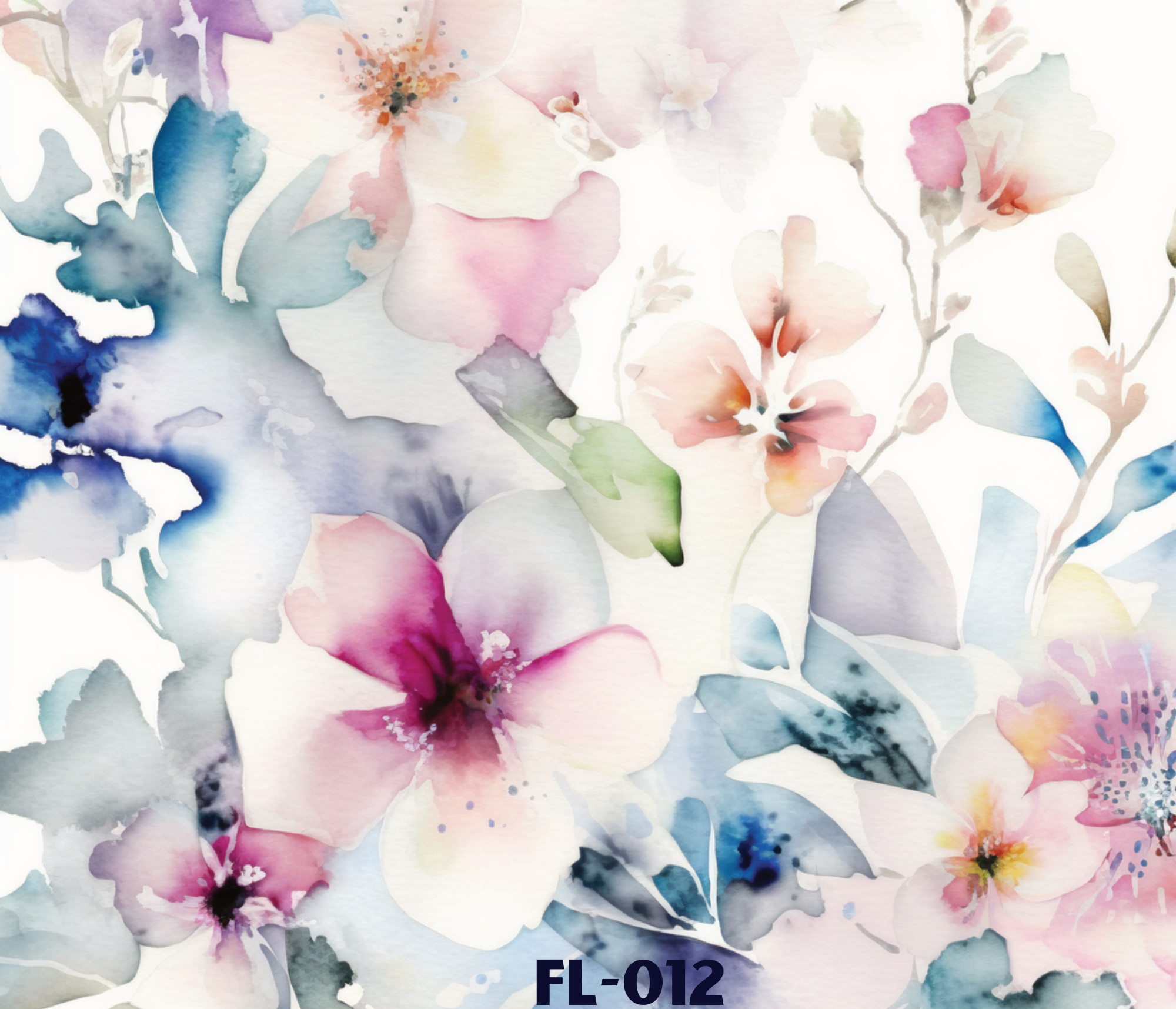 Watercolor floral background with soft pastel shades of pink, blue, purple, and green. Text at the bottom reads 'FL-012'.