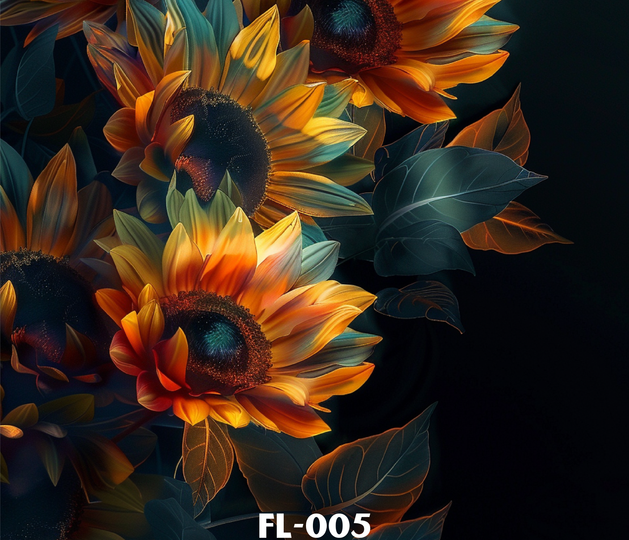 Close-up of vibrant sunflowers and green leaves against a dark background, with the text 'FL-005' at the bottom.
