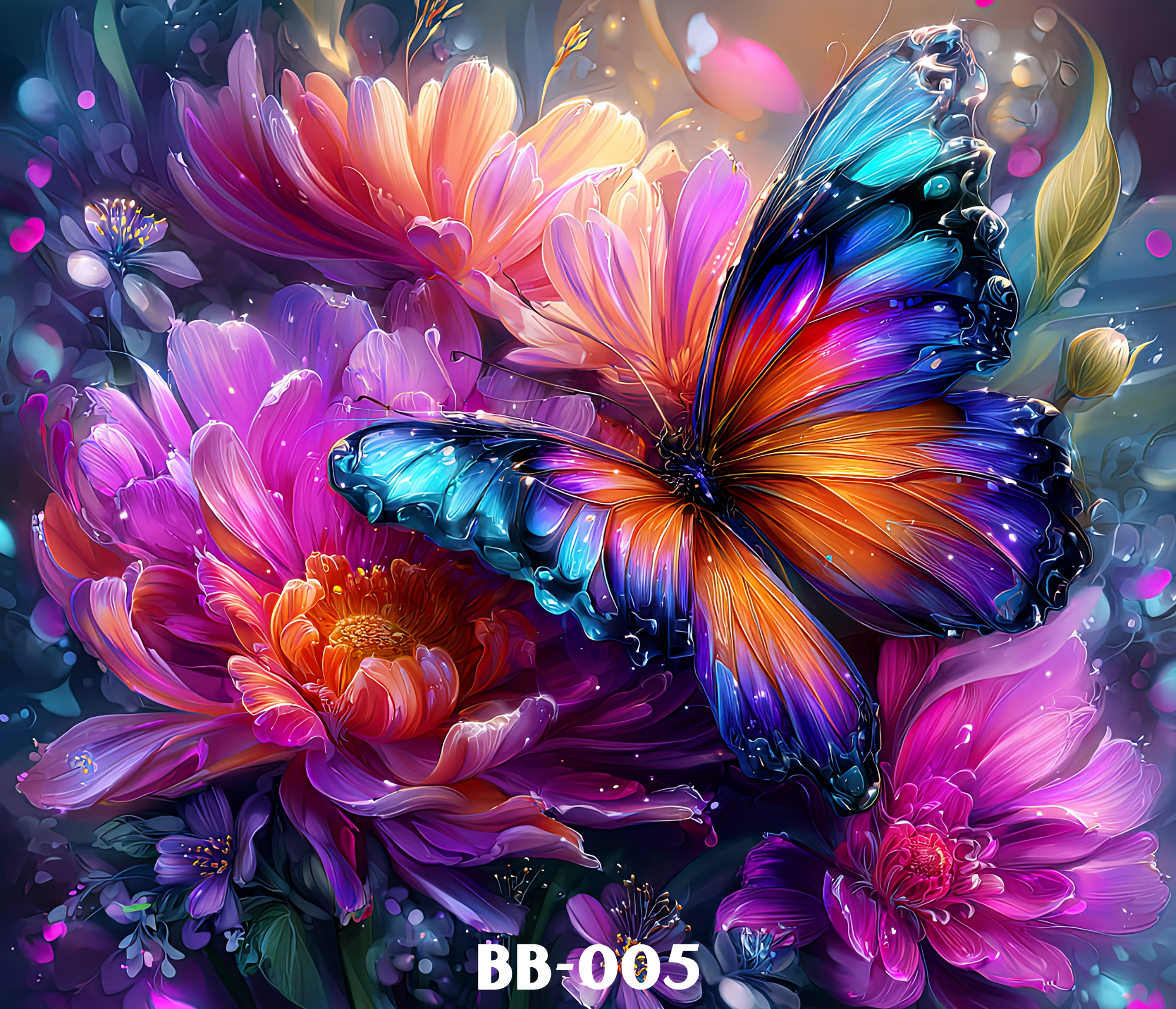 Colorful abstract floral design with large petals and wings resembling a butterfly, vibrant pinks, purples, blues, and oranges, with glowing lights and sparkles.