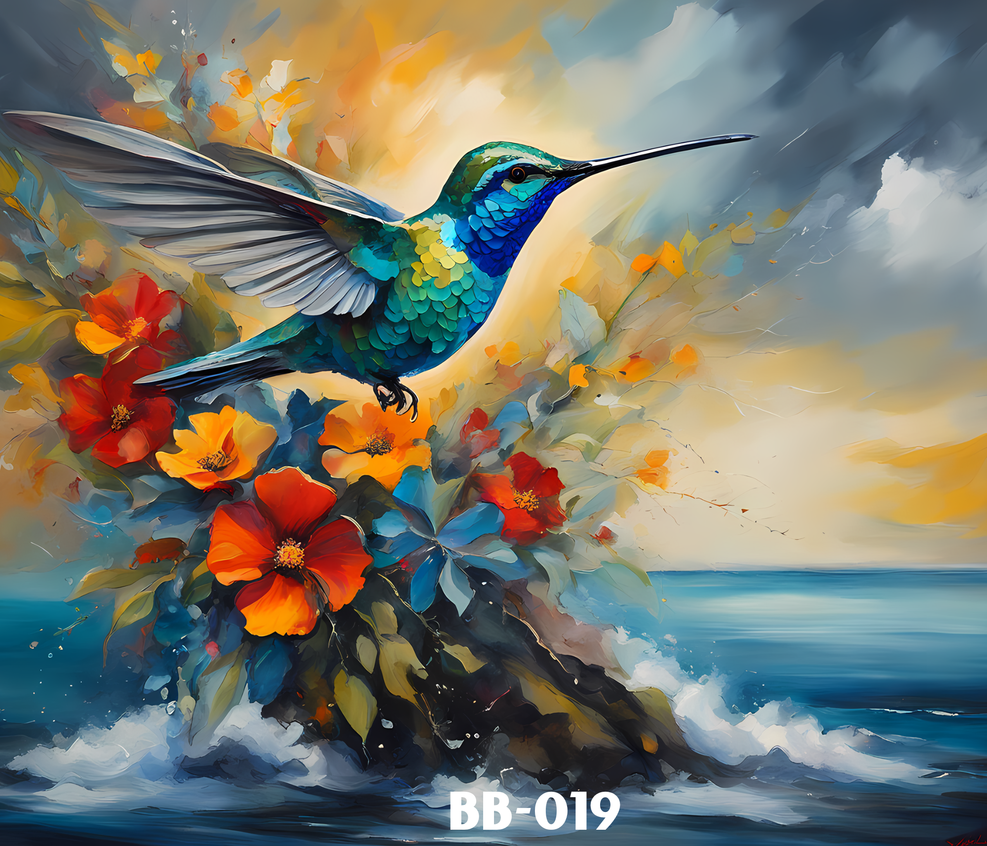 Digital painting of a hummingbird flying over bright orange and red hibiscus flowers with a colorful sky background,