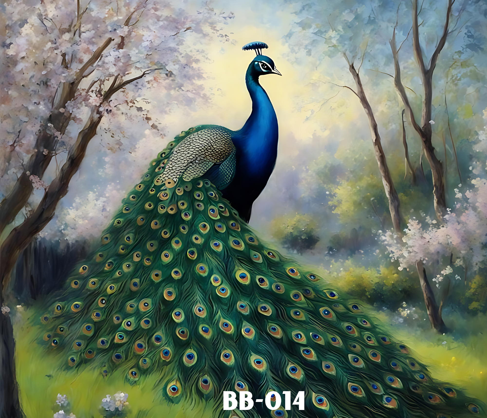 Painting of a peacock with vibrant blue and green feathers, standing among cherry blossom trees, with a soft yellow sky in the background.