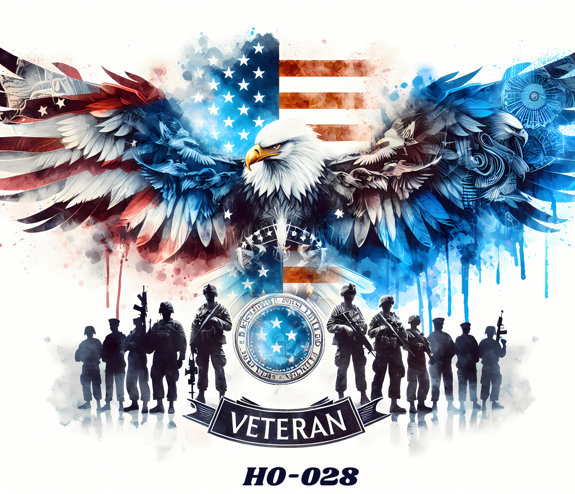 A digital artwork celebrating American veterans, depicting a line of silhouetted soldiers at the bottom and a large eagle with spread wings at the center. The background features a stylized American flag with splashes of red, white, and blue, decorative patterns, and the text 'VETERAN'