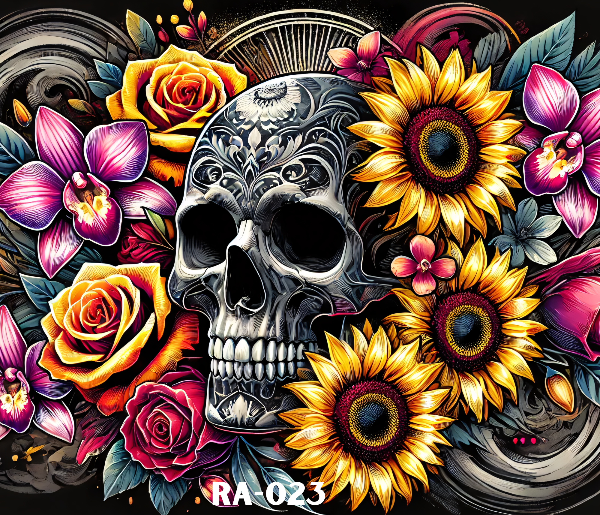 A colorful mural featuring a human skull surrounded by vibrant flowers including roses, sunflowers, and orchids against a black background.