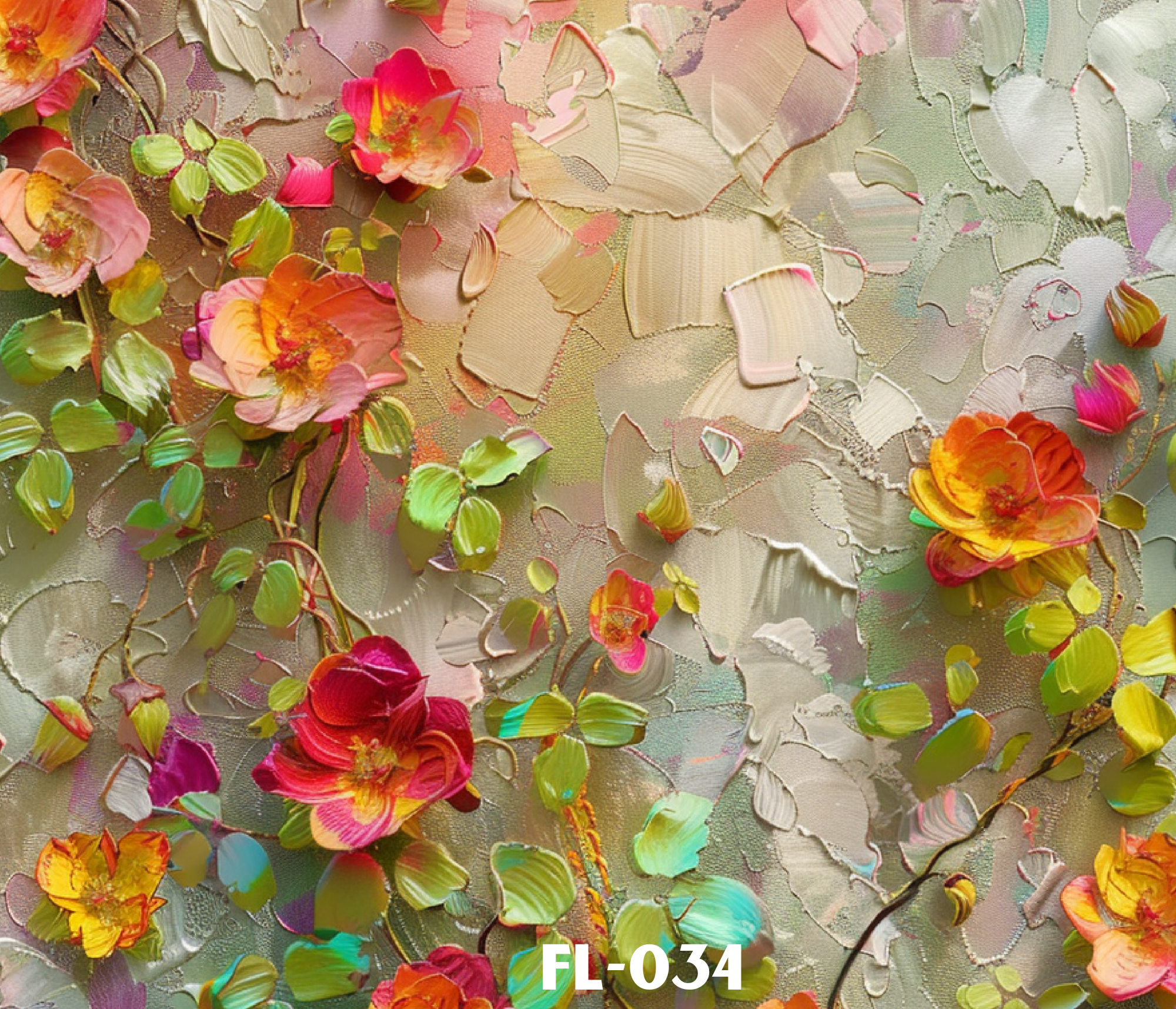 Close-up of colorful flower petals and green leaves on textured surface with paint strokes, with white text "FL-034" at the bottom.