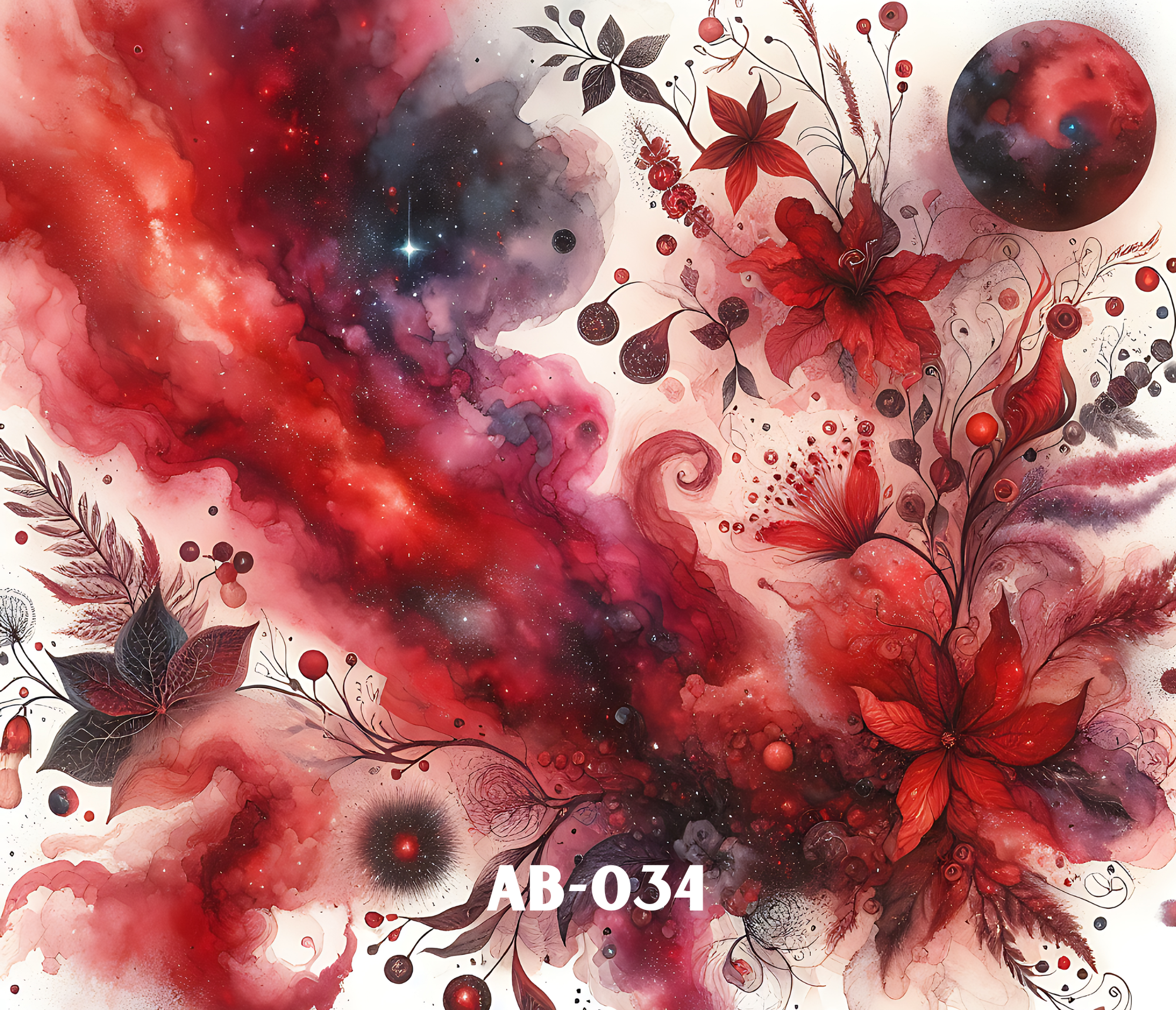 A vibrant abstract artwork blending cosmic elements like stars and nebulae with botanical illustrations of leaves and flowers in shades of red, pink, black, and white. The artwork is lively and cosmic, with a mix of watercolor and ink styles.