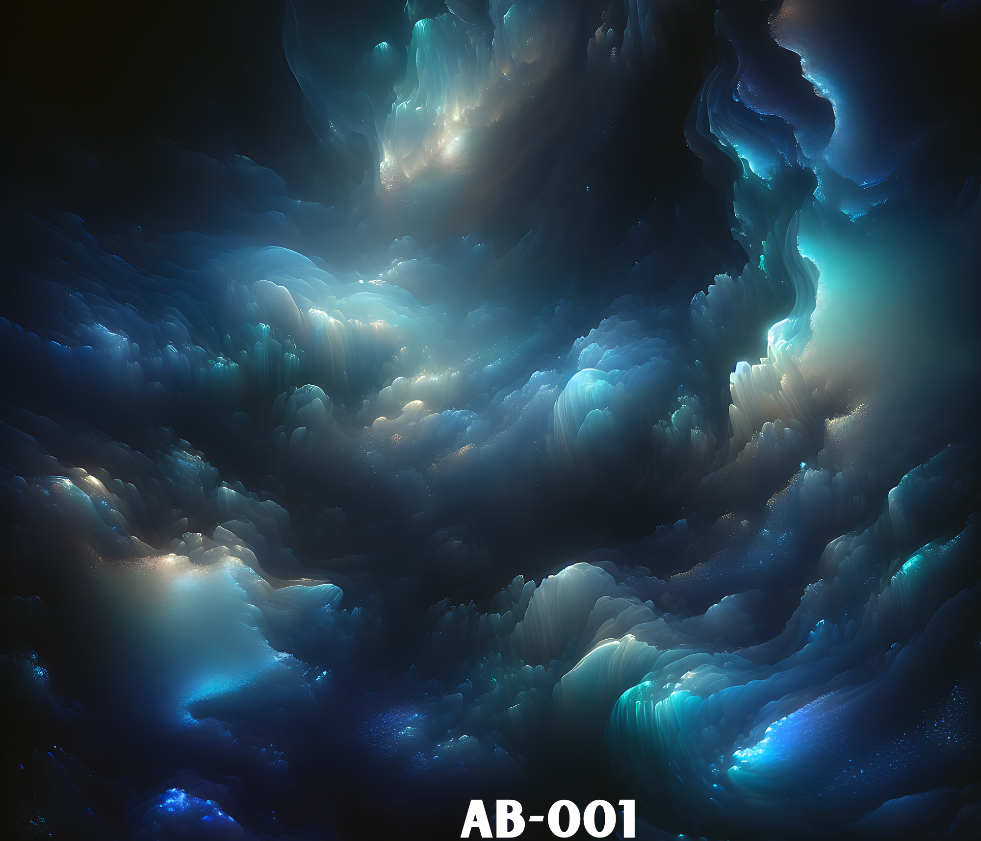 Abstract digital artwork featuring swirling blue and turquoise tendrils with bright highlights, resembling an otherworldly cavern or deep-sea scene, with the text 'AB-001' at the bottom.