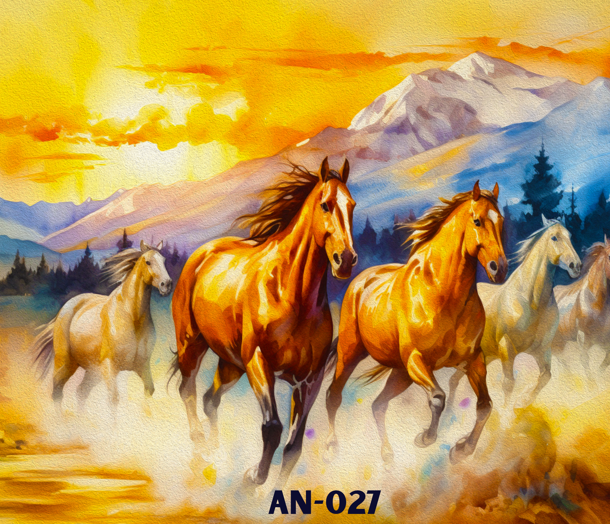 Painted artwork of a group of running horses against a background of mountains and a sunset sky.