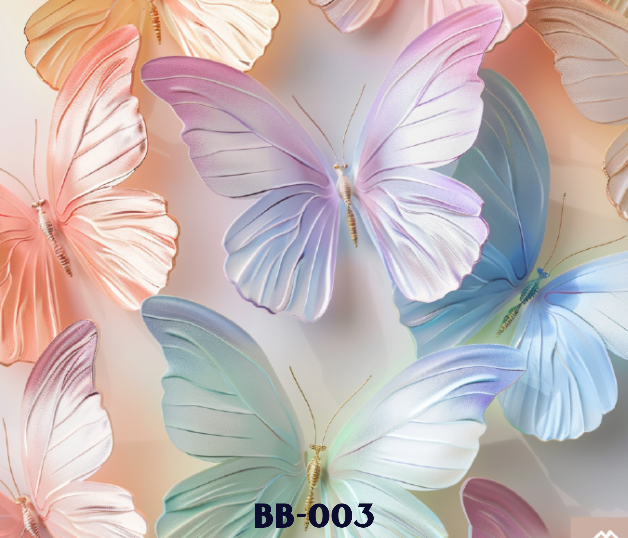 A collection of pastel-colored paper butterflies in shades of pink, lavender, blue, and peach with gold accents, arranged on a light background,