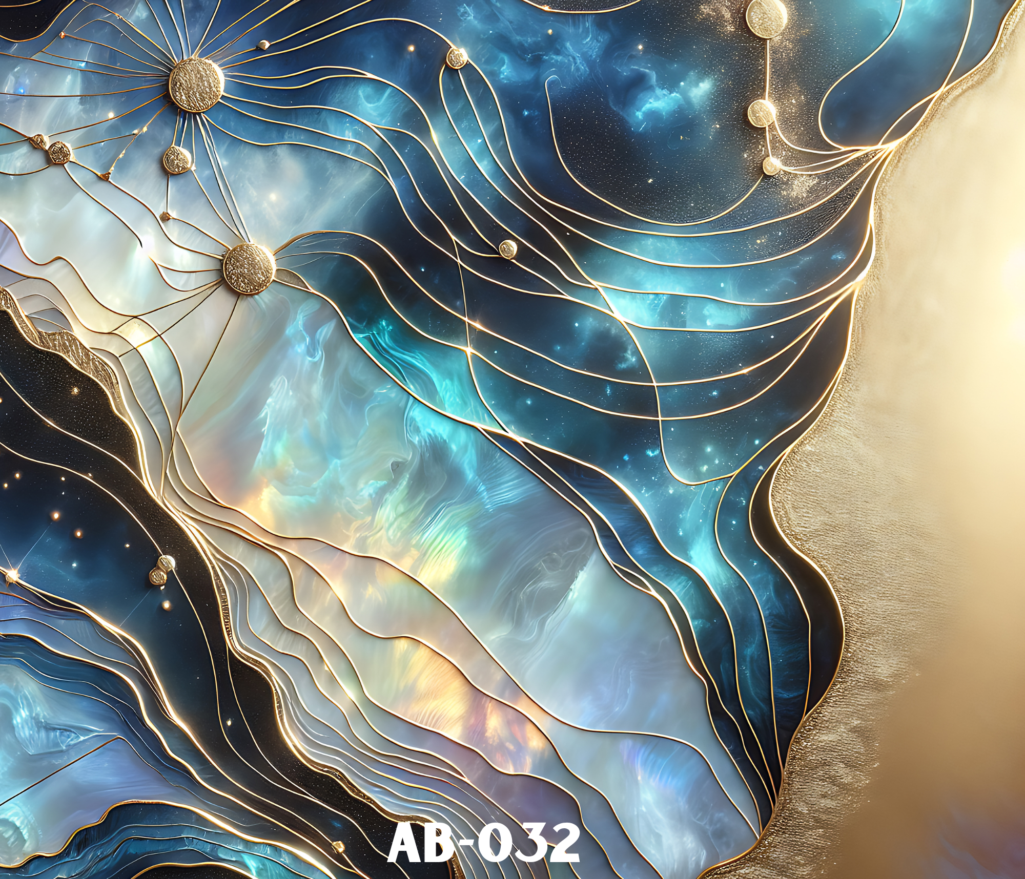 Abstract artwork featuring swirling galaxy-like patterns in shades of blue, gold, and black, with gold wire accents and circular elements, and the text 'AB-032' at the bottom.