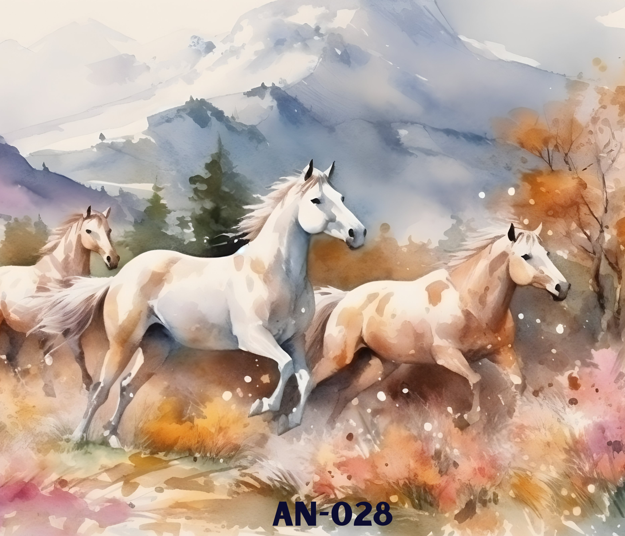 Watercolor painting of a mountainous landscape with several white horses in the foreground, some trees, and mountains in the background,