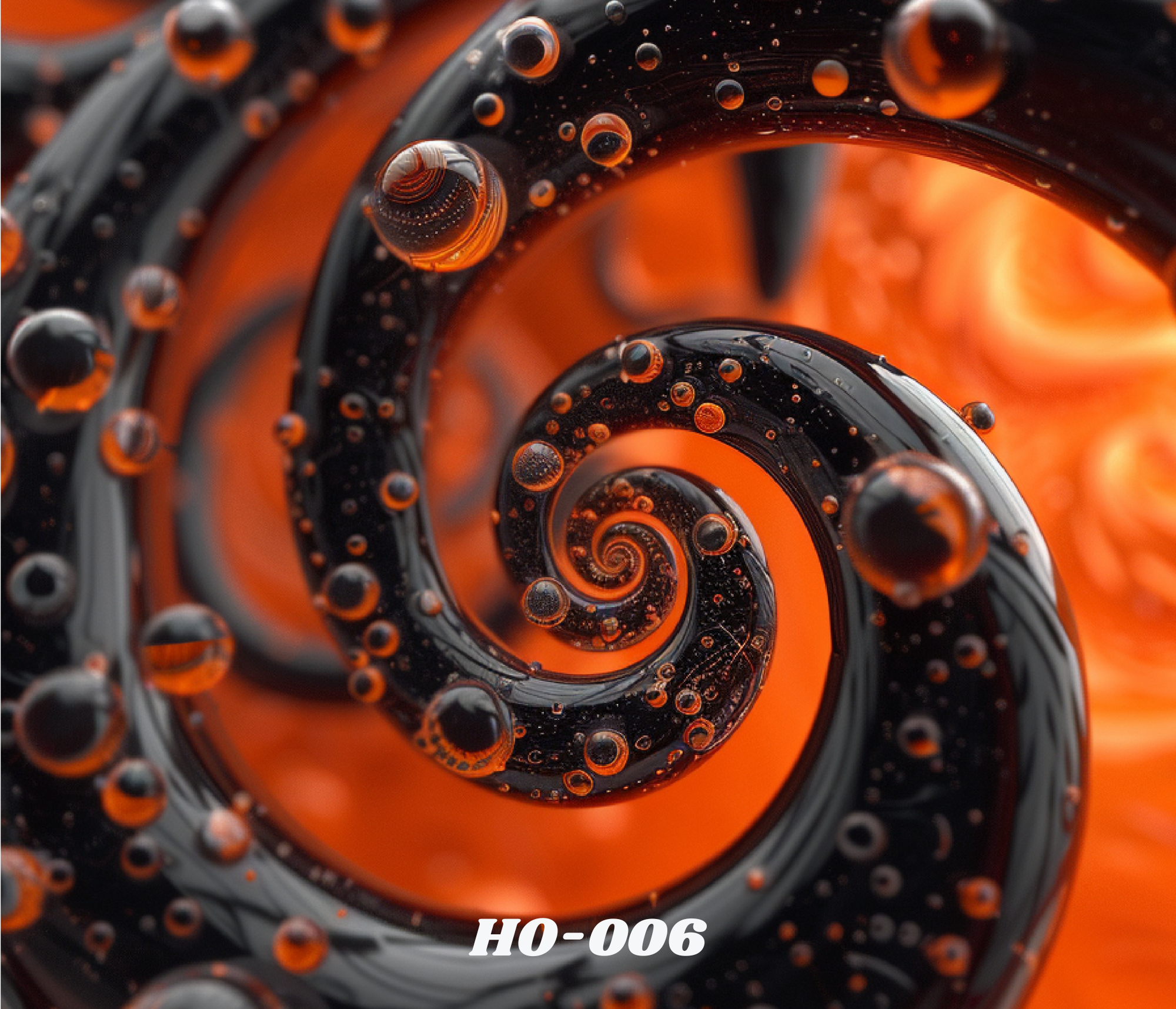 Close-up of a spiral-shaped structure made of black and orange materials with numerous spherical protrusions, resembling a detailed macro shot of a mechanical or artistic object.