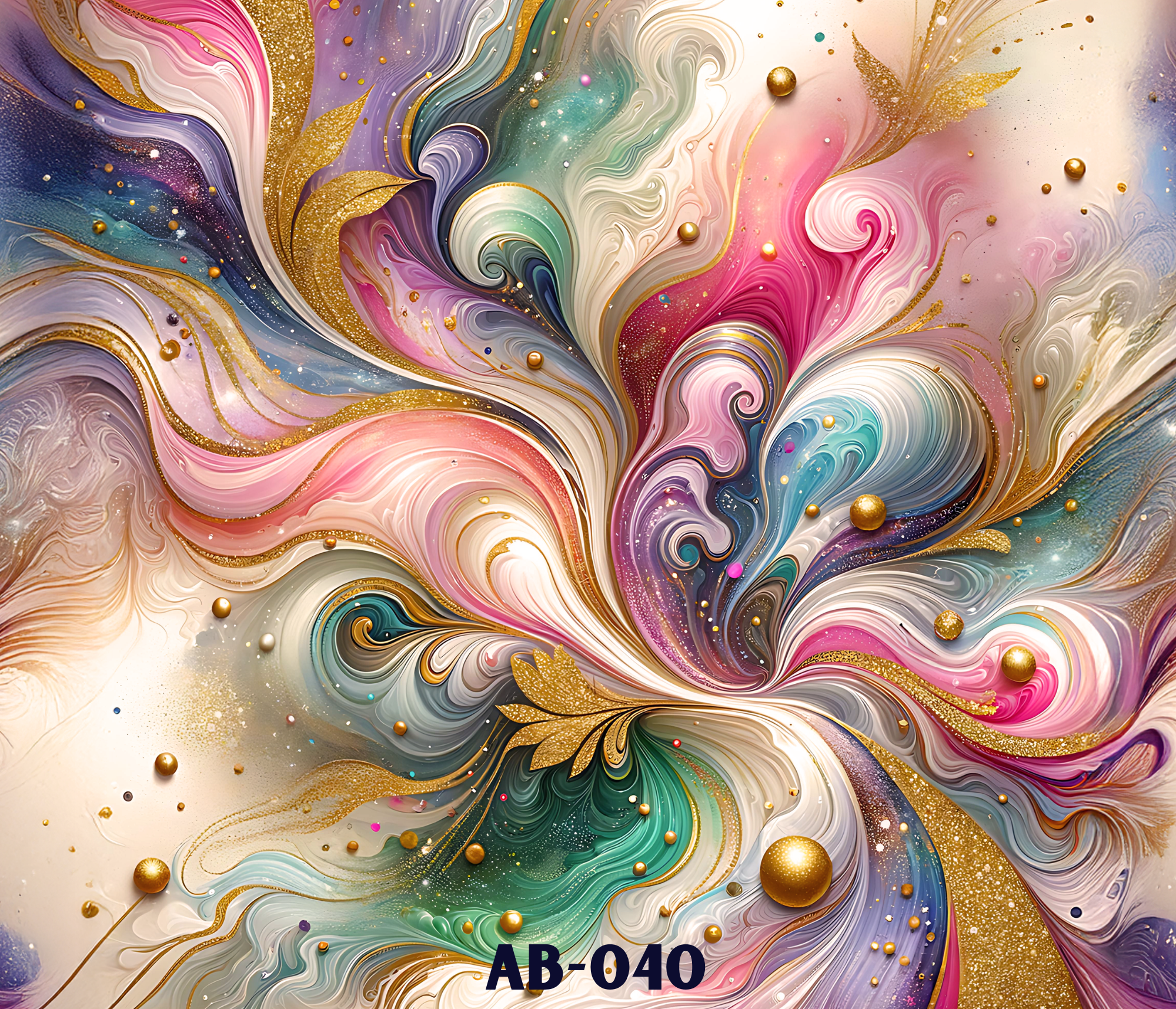 Colorful abstract art with swirling patterns in pink, purple, blue, green, cream, and gold, decorated with gold and colored spherical accents.