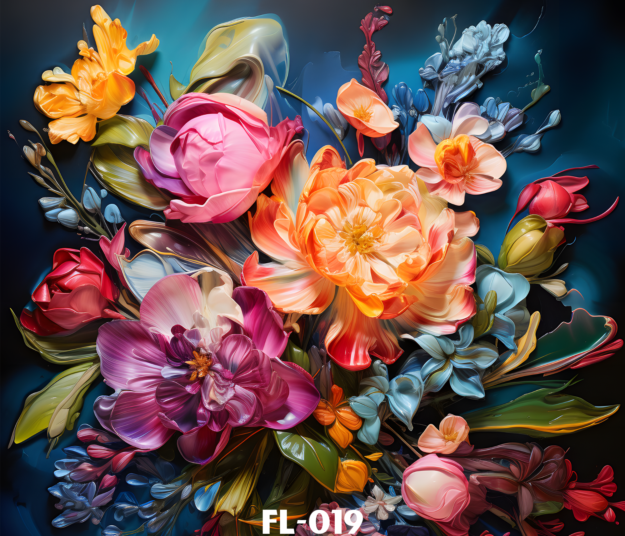 Colorful abstract floral painting with various shades of pink, orange, yellow, blue, and red flowers and leaves on a dark background.