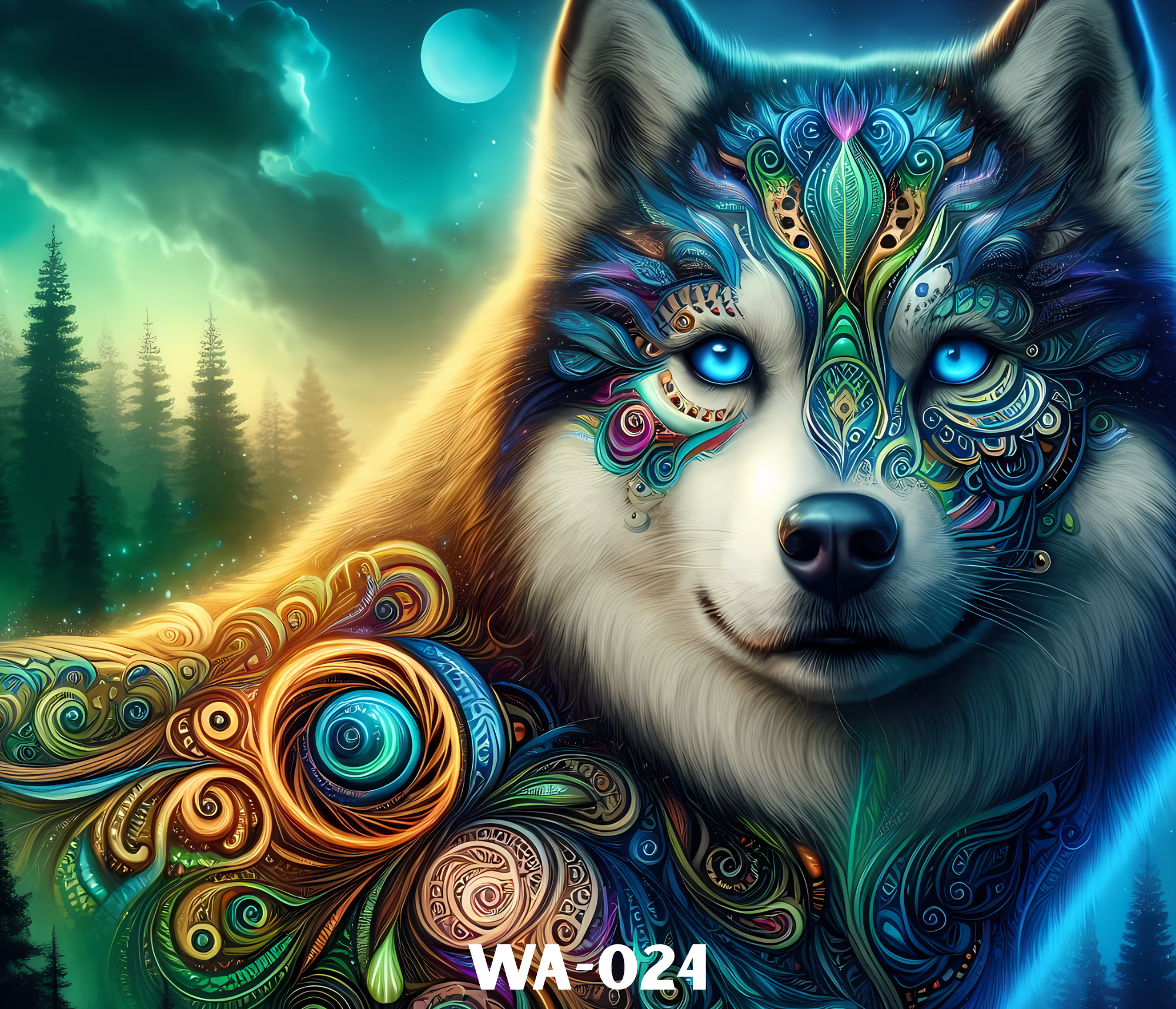 Colorful, stylized wolf with bright blue eyes in a fantasy art style, set against a celestial night sky with stars and a greenish-blue moon.