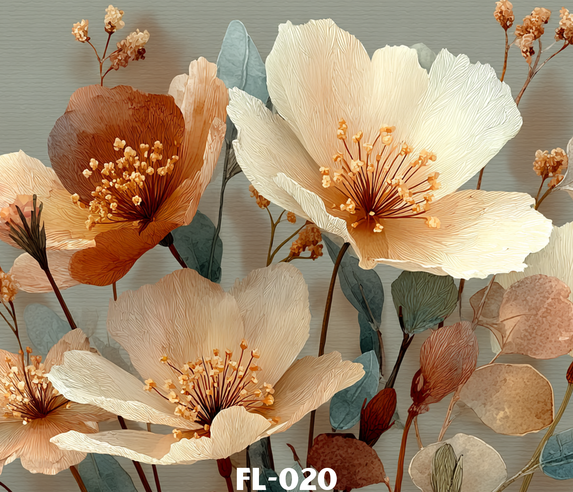 A digital illustration of light peach, cream, orange, and muted green flowers with detailed, textured petals and yellow-orange stamens, set against a textured grayish background.