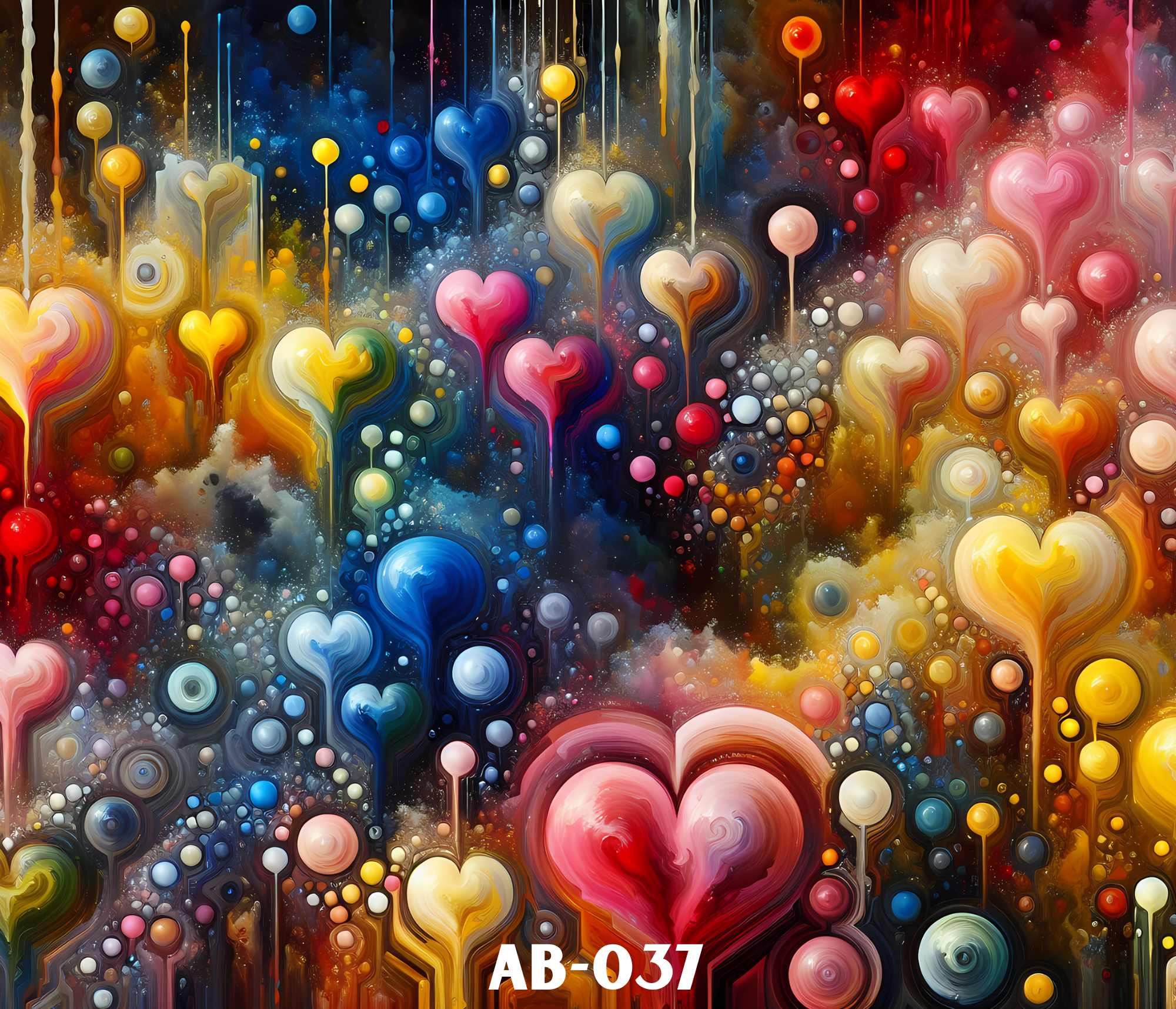 Abstract colorful artwork with swirling patterns and heart shapes in red, pink, yellow, blue, and white hues. The image features vibrant blobs and drips with a mixture of dark and bright background tones.