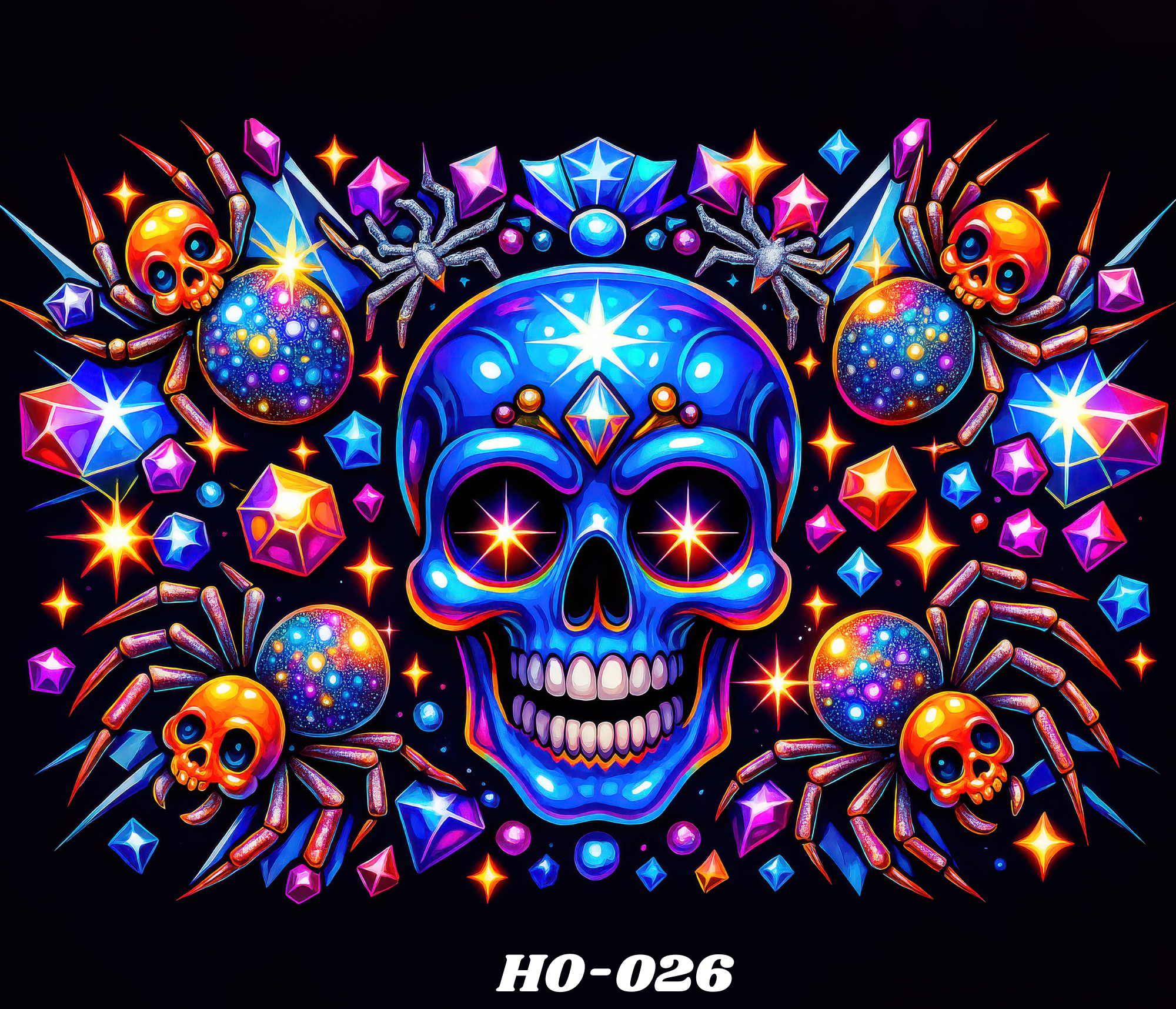 Colorful digital illustration of a skull surrounded by neon-colored skulls, diamonds, stars, and other shapes on a black background,