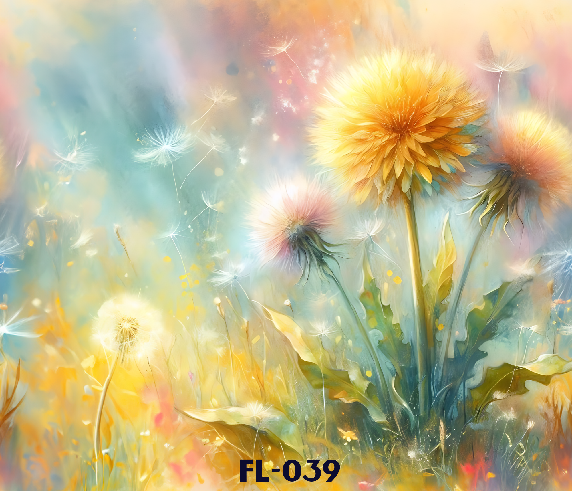 A colorful abstract painting with soft pastel shades of yellow, blue, pink, and green, featuring dandelion seed heads and vibrant flower-like shapes, with the text 'FL-039' at the bottom.