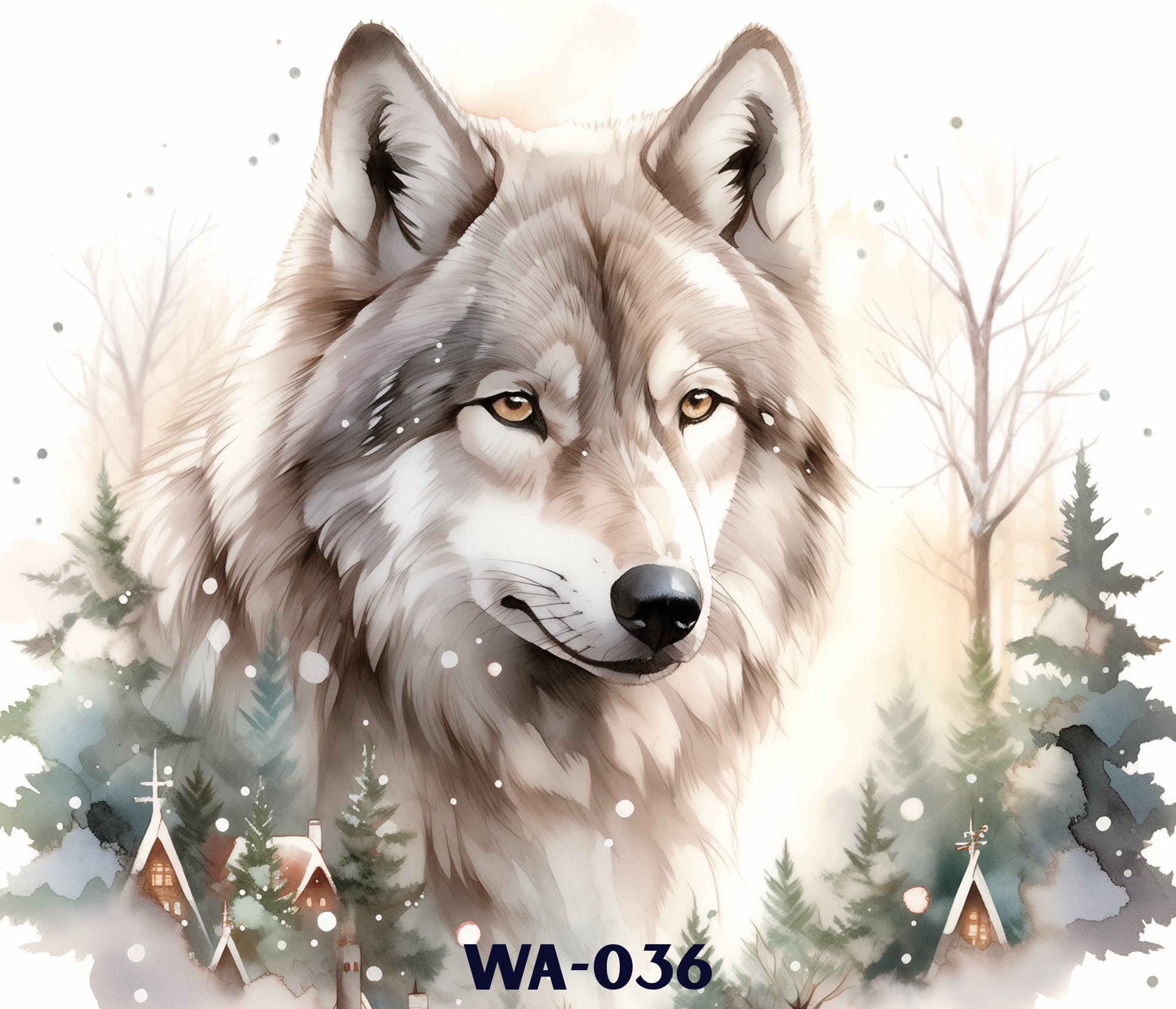 Illustration of a wolf in a wintery forest with snowflakes and trees, with some houses at the bottom