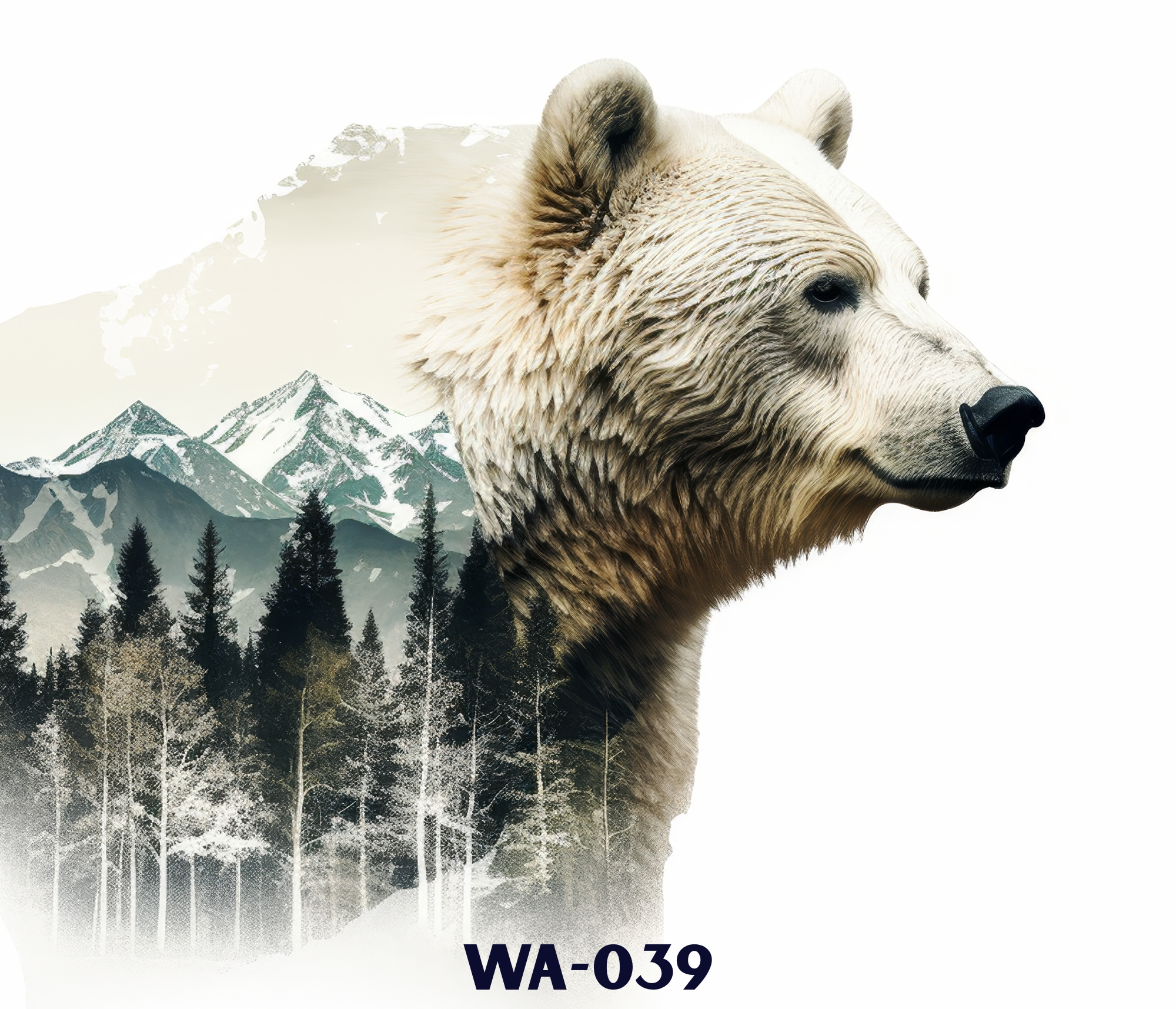 A composite image with a close-up of a bear's face, mountain ranges, and forest trees,