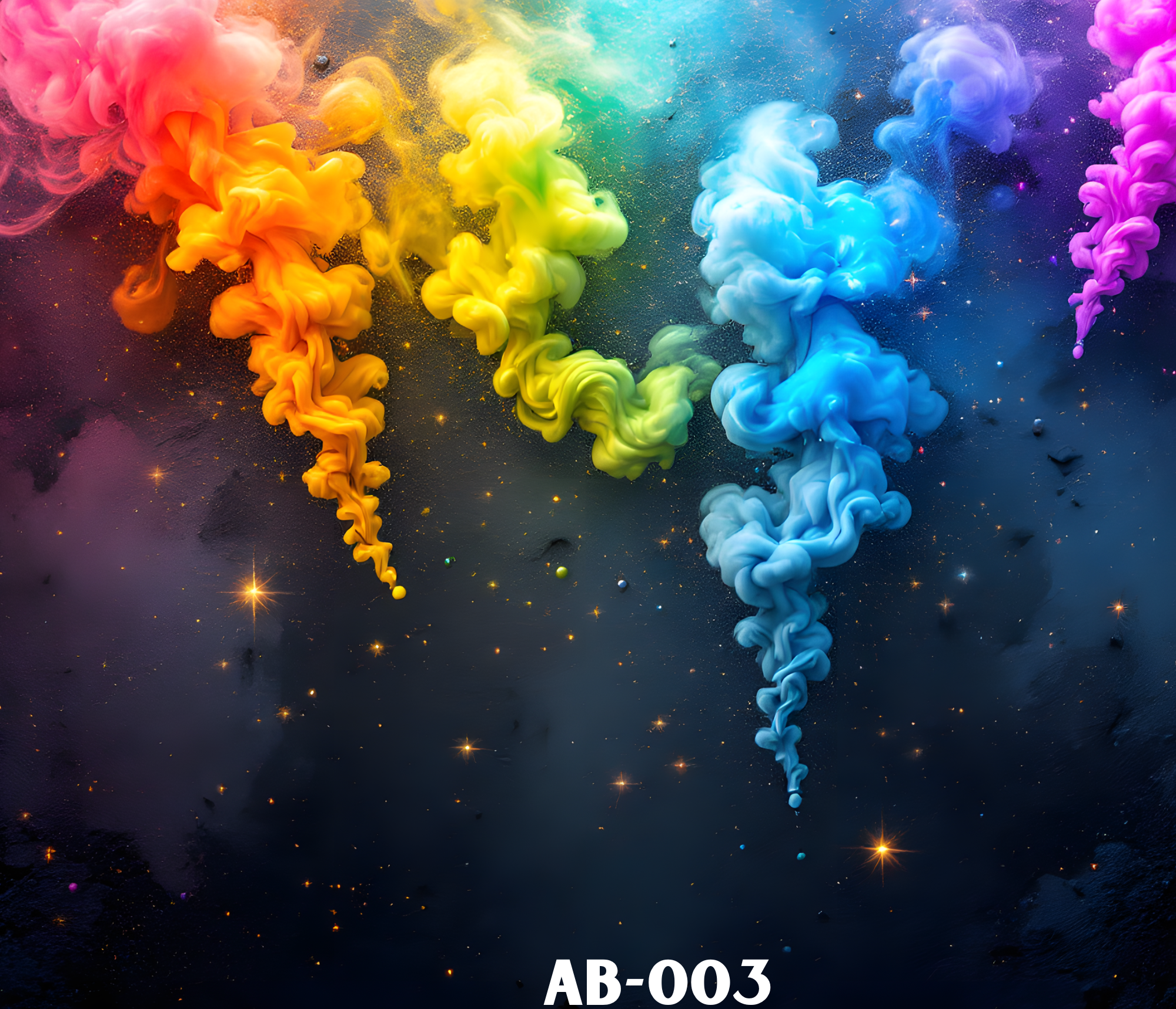 Bright, colorful clouds or plumes of ink dispersing in water against a dark background, with small glowing stars or sparkles visible throughout. The scene features a gradient rainbow spectrum from pink to purple.