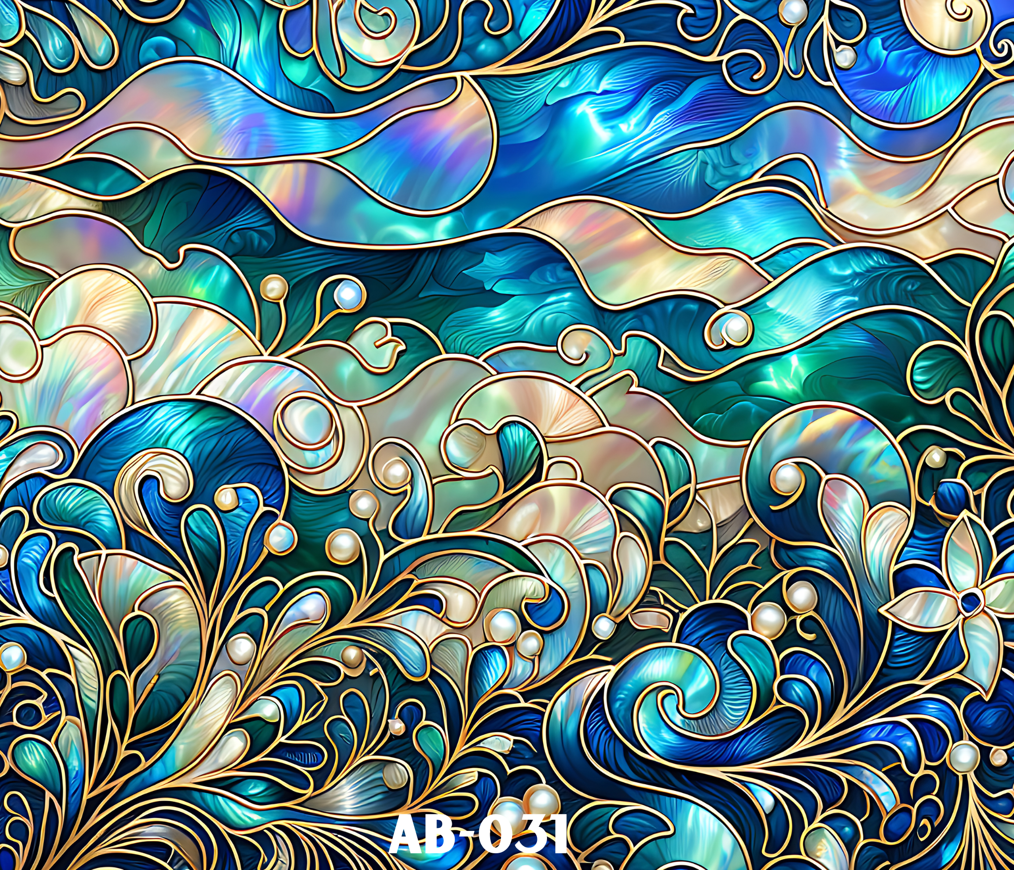 An abstract digital artwork featuring flowing, swirling shapes in shades of blue, green, and beige, outlined with gold lines. The design includes iridescent pearl-like accents and intricate patterns that resemble waves or ribbons. The bottom center has a white label reading 'AB-031'.