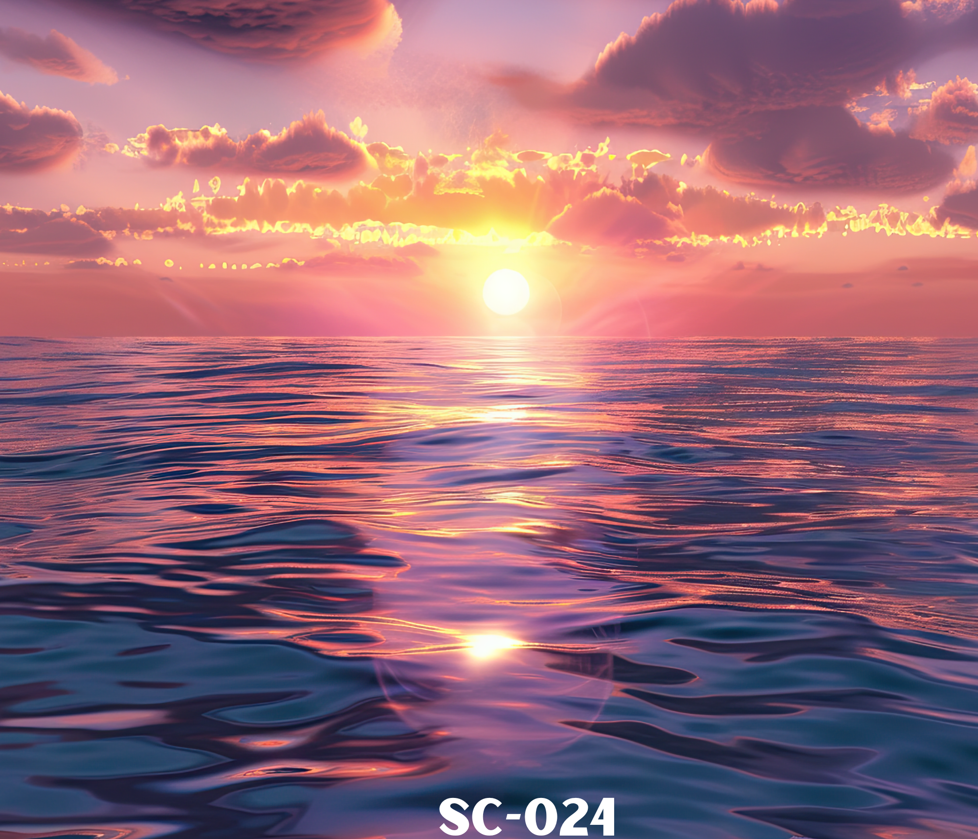 A vibrant sunset over the ocean with pink, purple, and orange clouds, and the sun partially visible near the horizon, reflecting on the water's surface.