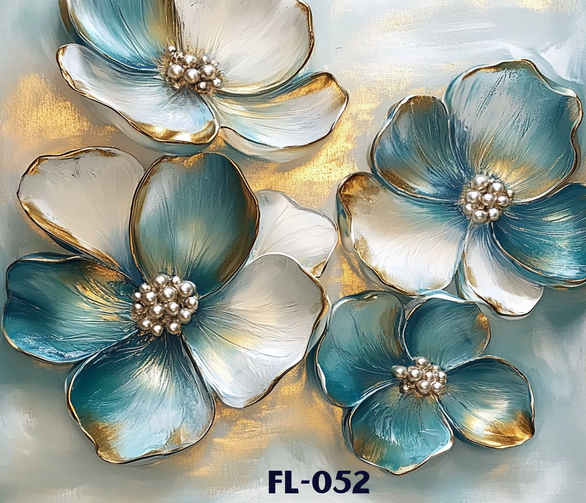 Close-up of decorative flowers with metallic edges and pearl centers on a painted background with gold accents. The flowers are in shades of white, teal, and gold.