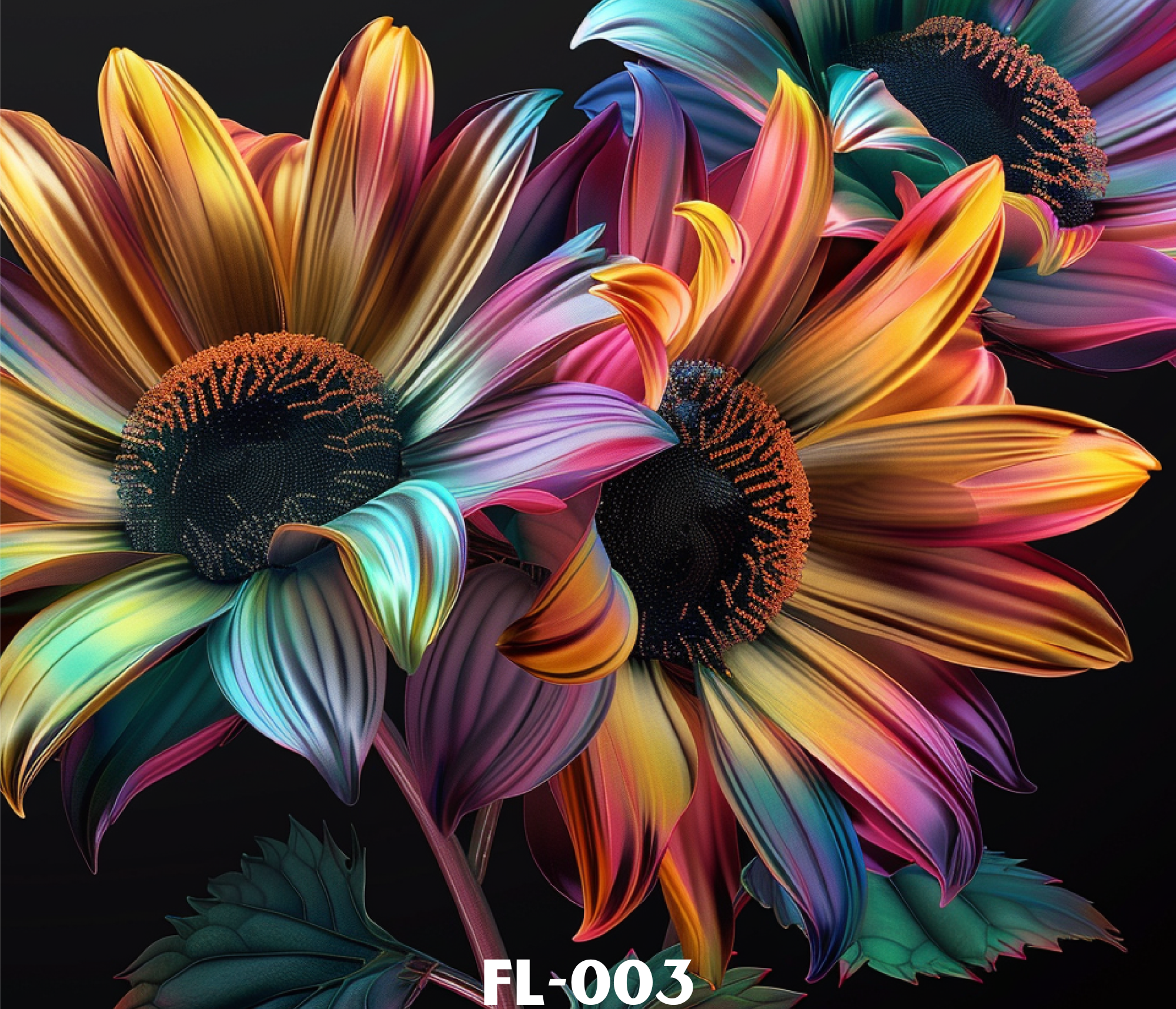 Close-up of colorful, abstract flower with vibrant petals in yellow, pink, purple, green, and blue against a black background.