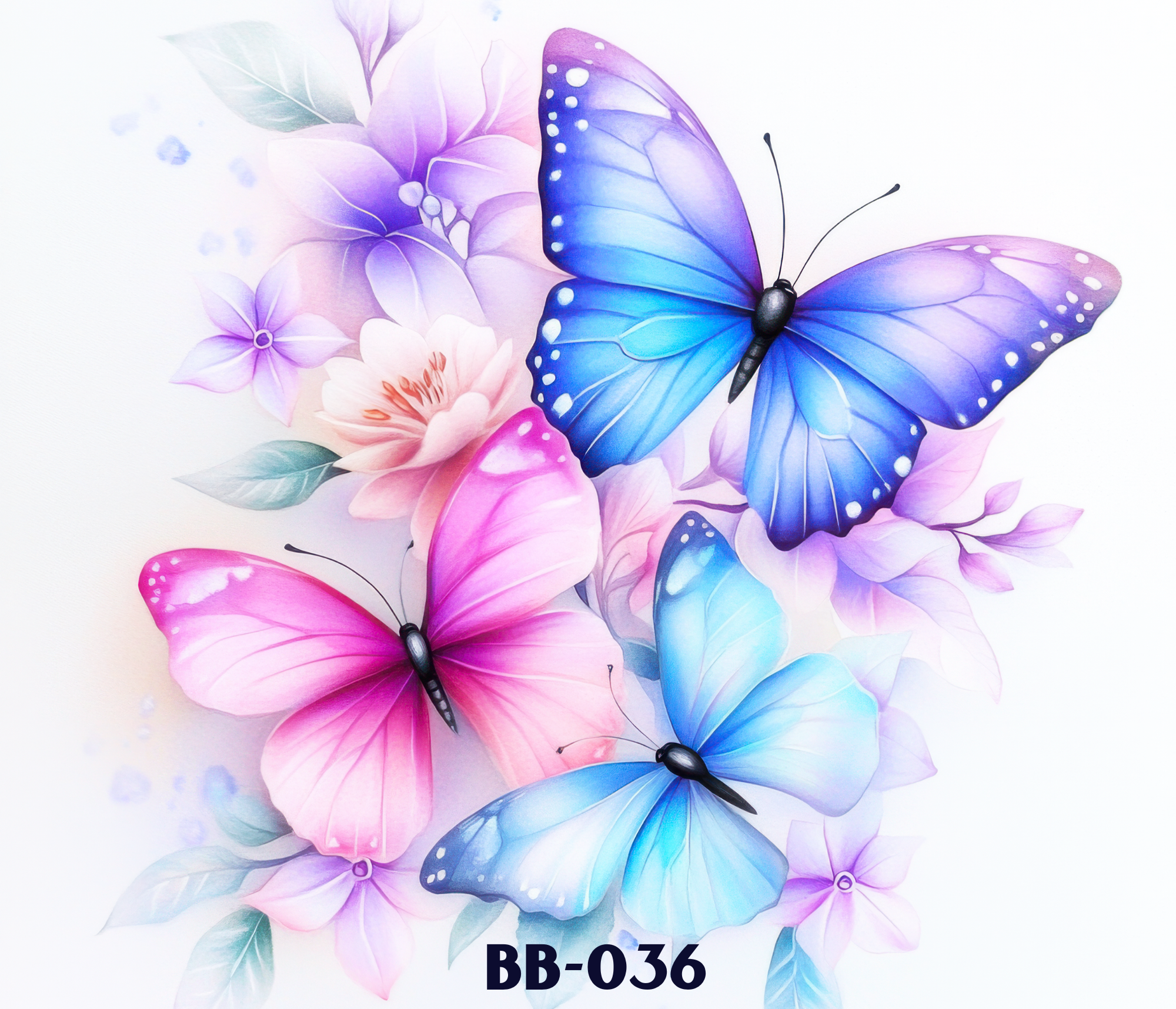 Colorful illustration of pink, purple, blue, and pastel-colored butterflies and flowers on a white background,