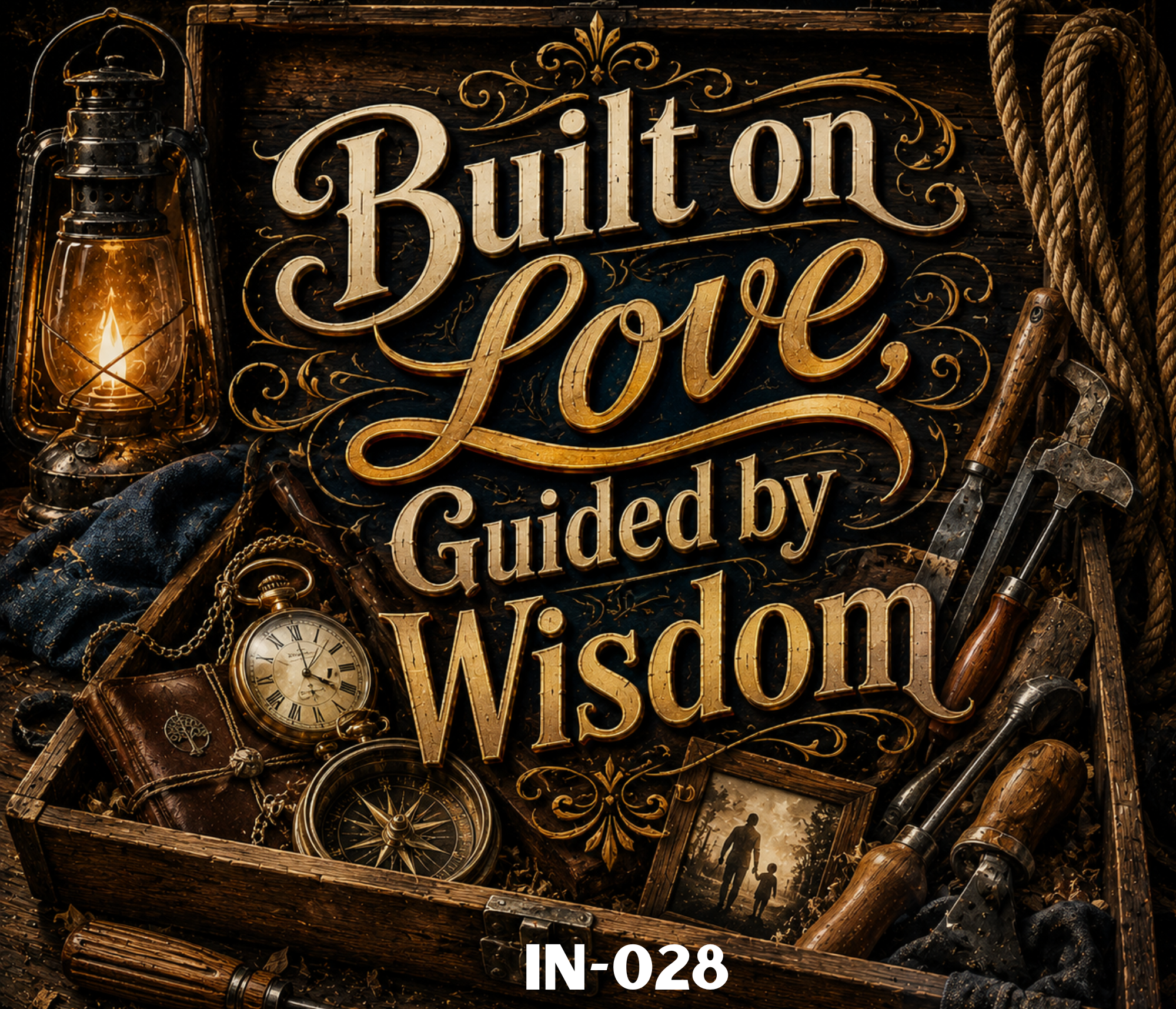Sign reading 'Burliton, Love, Guided by Wisdom' surrounded by vintage items including a lantern, pocket watches, vials, a rope, and old tools, with a dark wooden background.