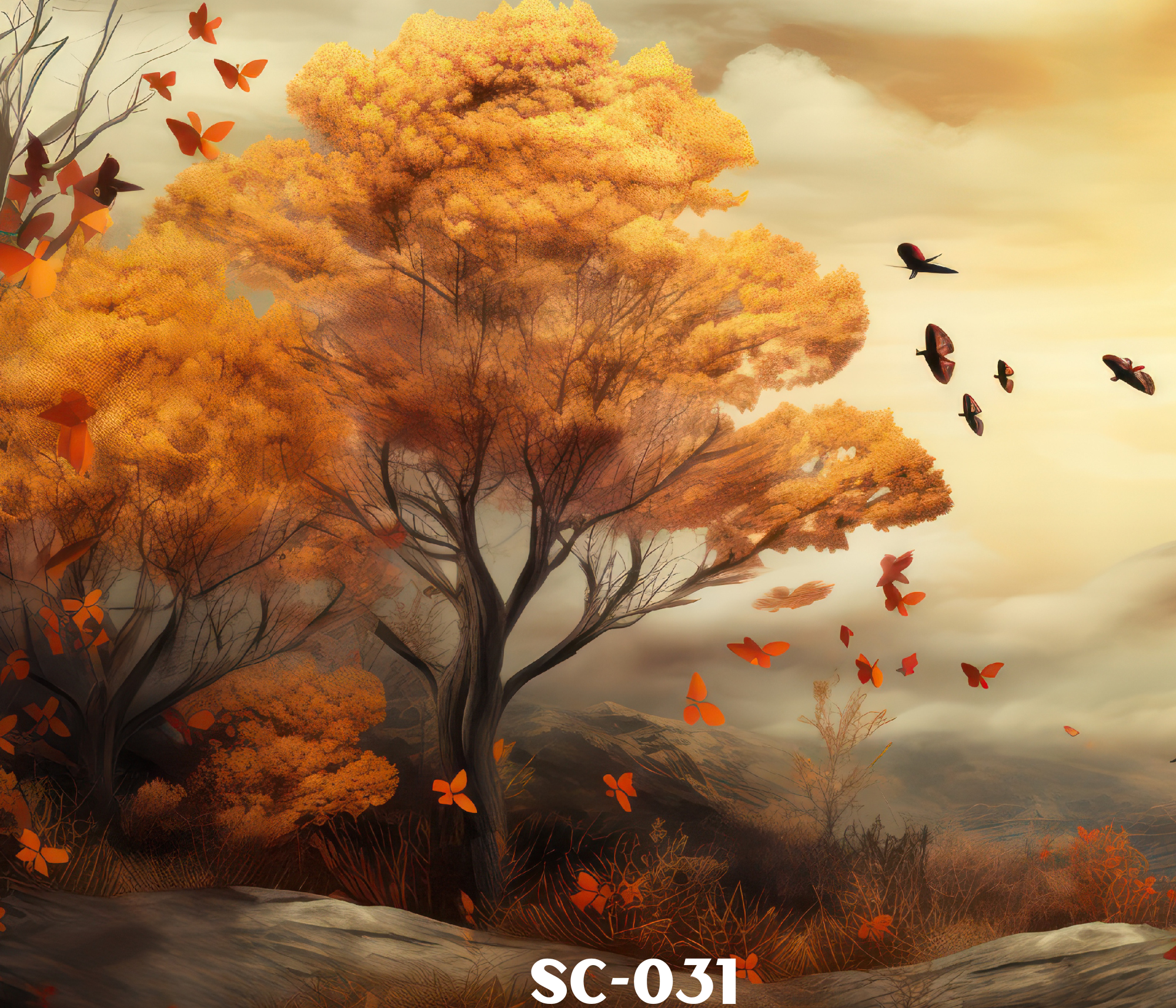 An artistic digital illustration of a landscape with a large orange and yellow leafy tree, flying butterflies, and birds, with a cloudy sky in the background.