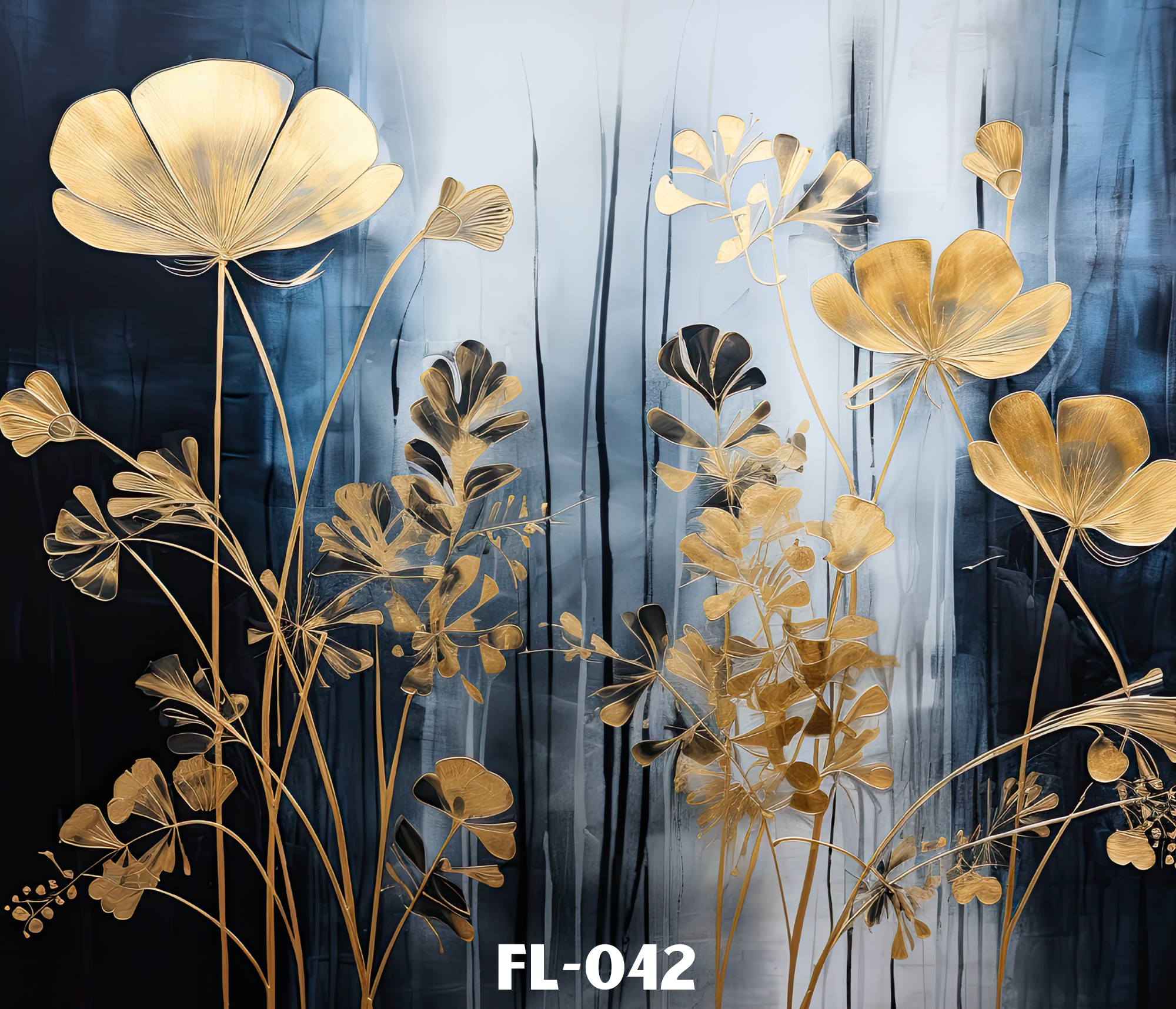 Decorative wall sculpture featuring metallic gold and black abstract leaf shapes on a cloudy blue and gray background, with the text 'FL-042' at the bottom.