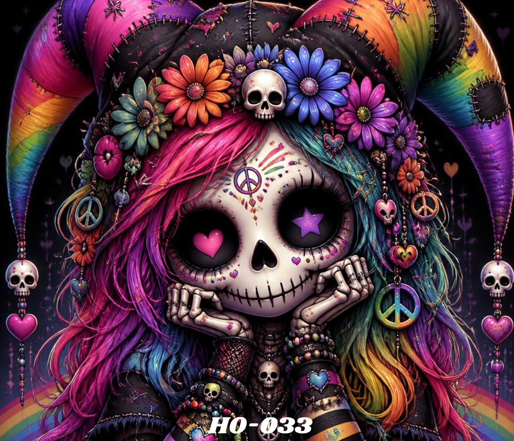 Colorful illustration of a woman with long rainbow-colored hair, wearing skull makeup, and surrounded by flowers, peace signs, hearts, and skull charms.