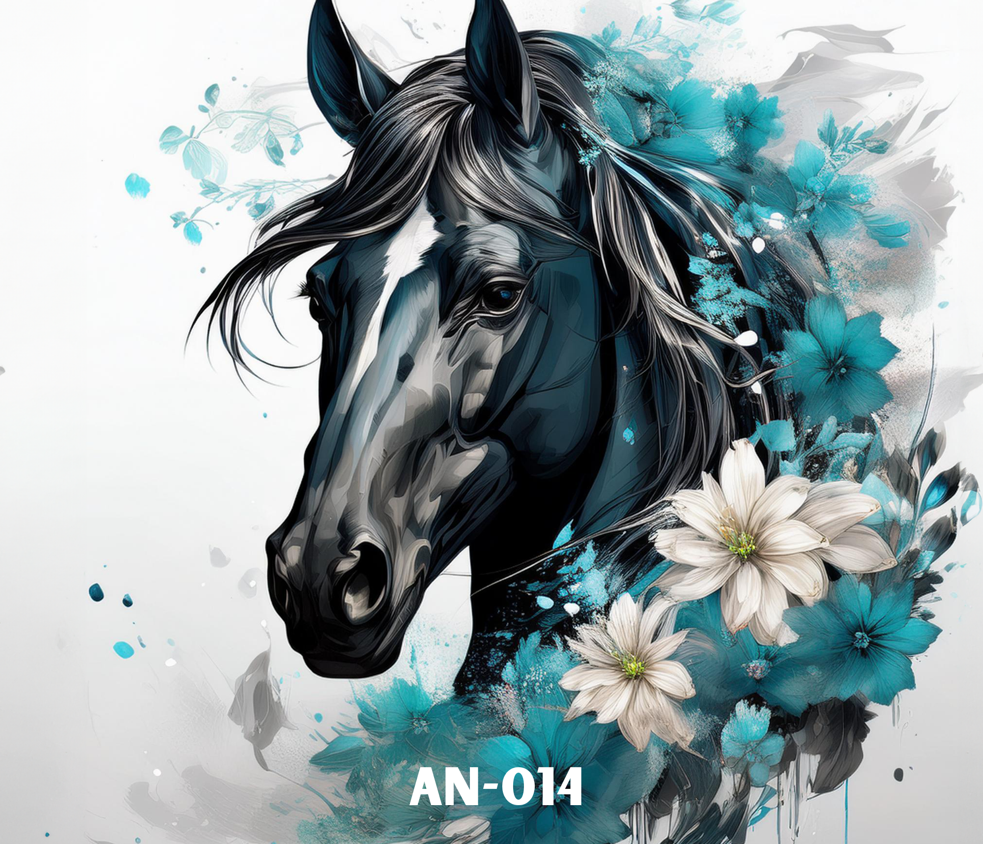 Digital artwork of a black and white horse with flowing mane, surrounded by blue floral and abstract elements,