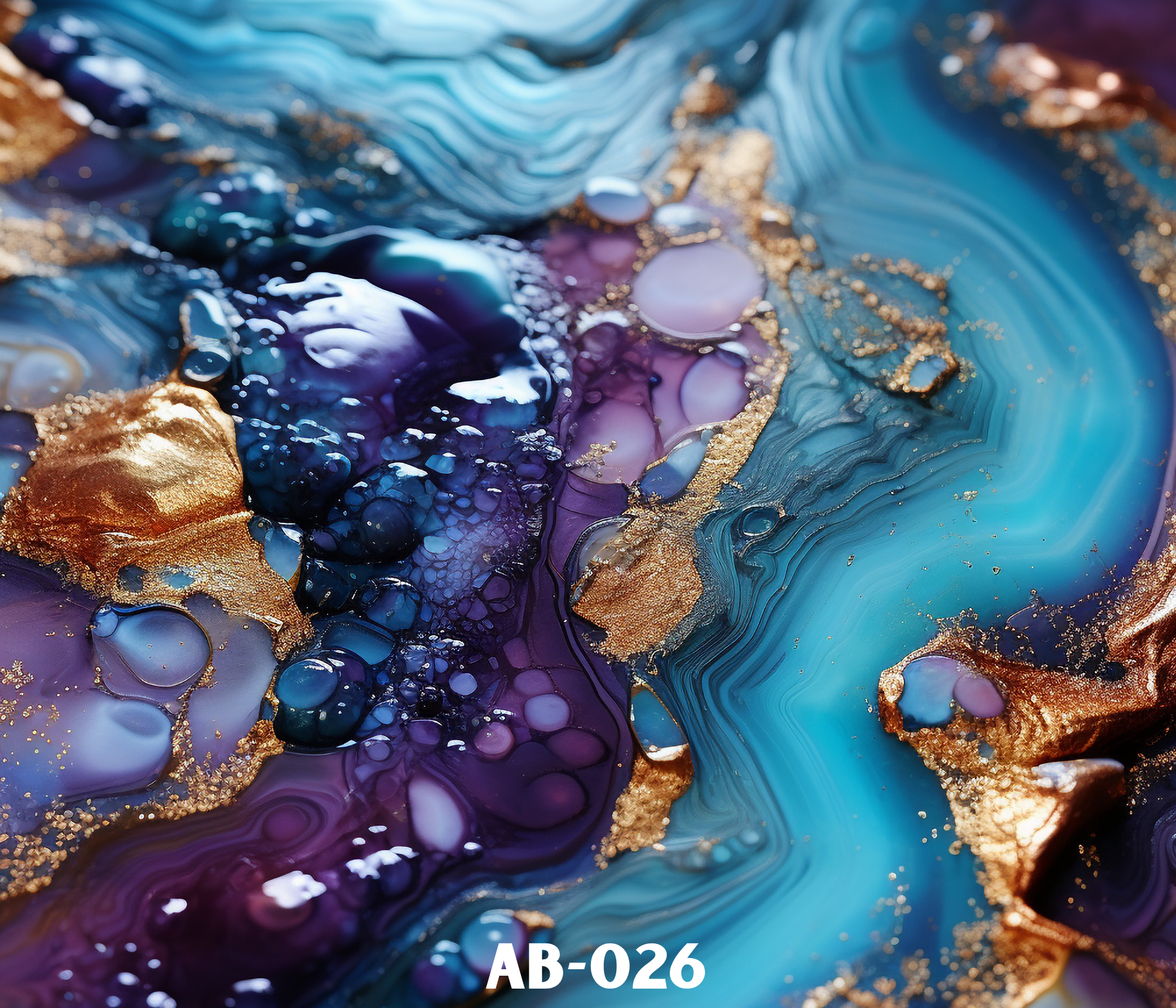 An abstract artwork with vibrant blue, purple, and gold colors swirling together.