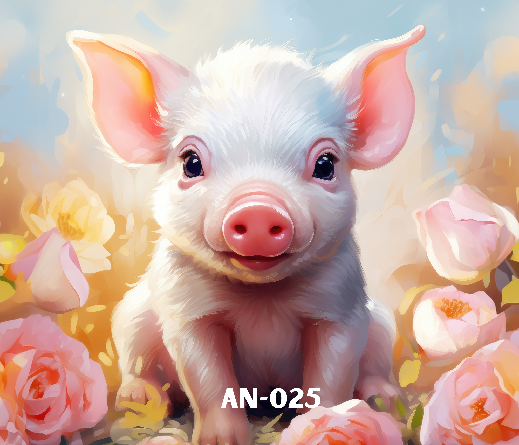 Close-up of a piglet with pink skin and big, expressive eyes, surrounded by soft pink and yellow flowers.