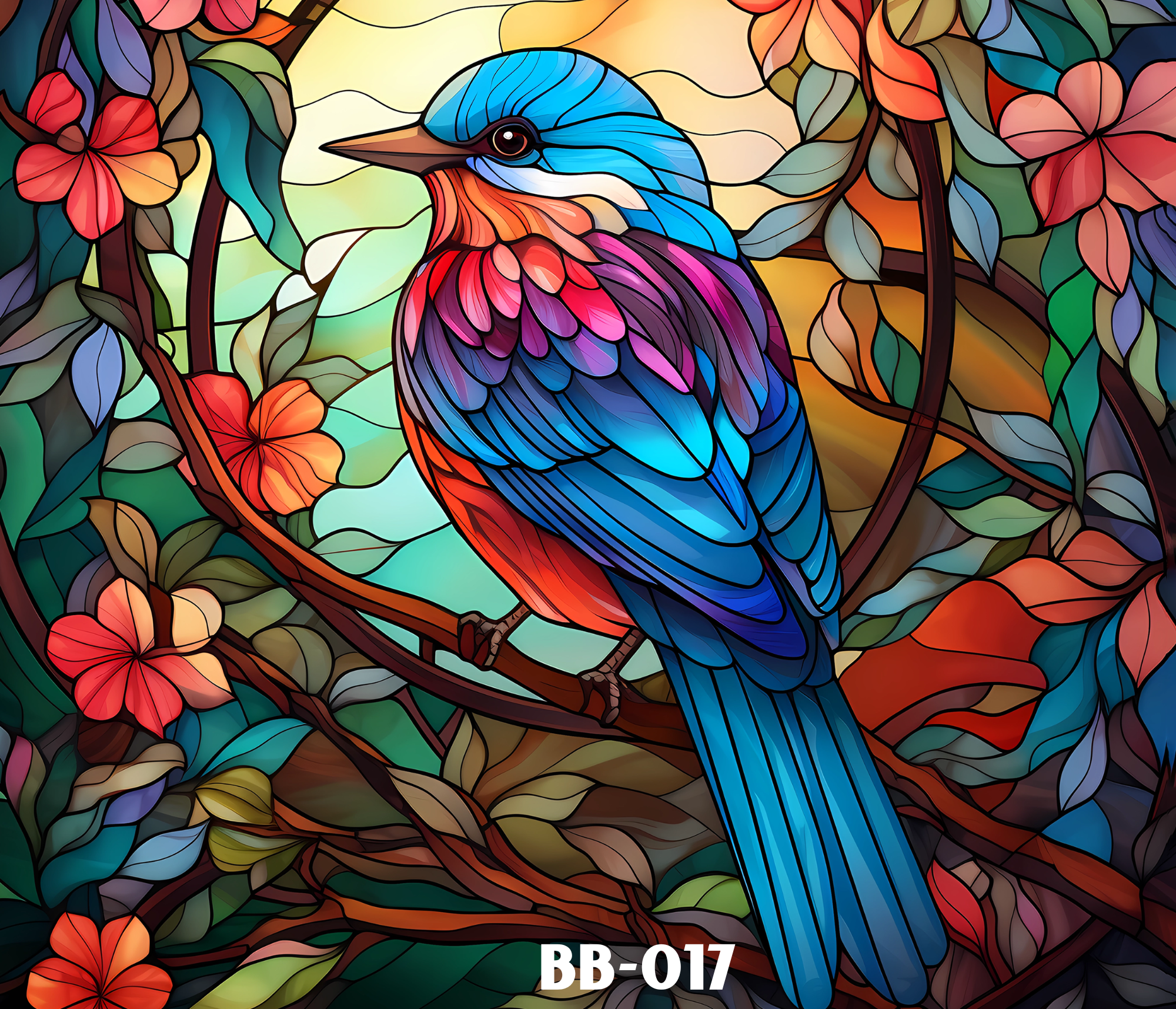 Colorful stained glass artistic depiction of a blue and red bird surrounded by leaves and flowers.