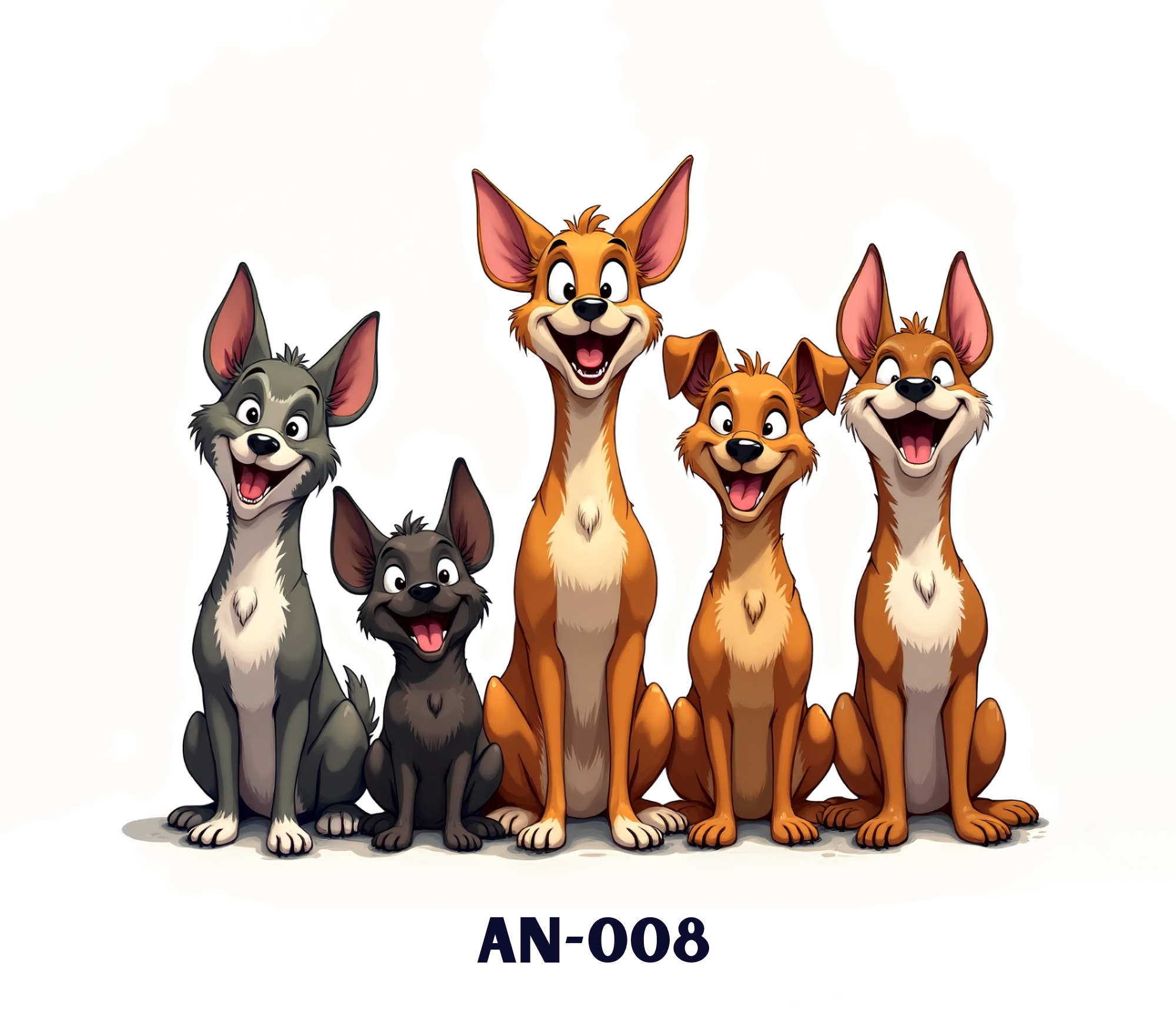 Animation of five dogs with different fur colors, standing together and smiling. The dog in the center has orange fur, large ears, and is the tallest. To its left is a gray dog with black and white markings, and to its right is a smaller orange dog with ears slightly folded. The fur colors include gray, black, orange, and brown. The background is white
