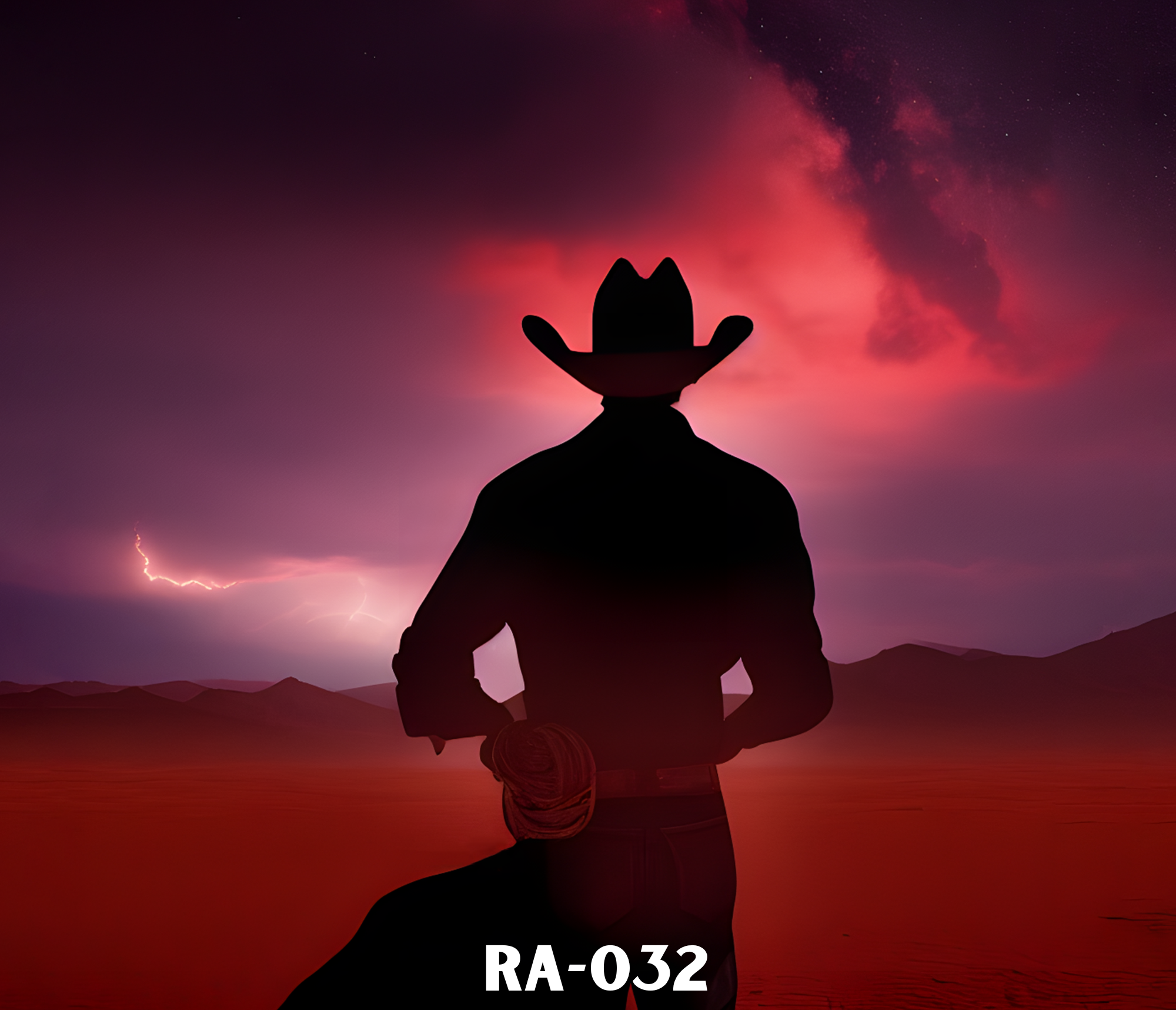 Silhouette of a person doing a handstand against a pink and purple sunset sky with lightning in the background, and mountains in the distance.