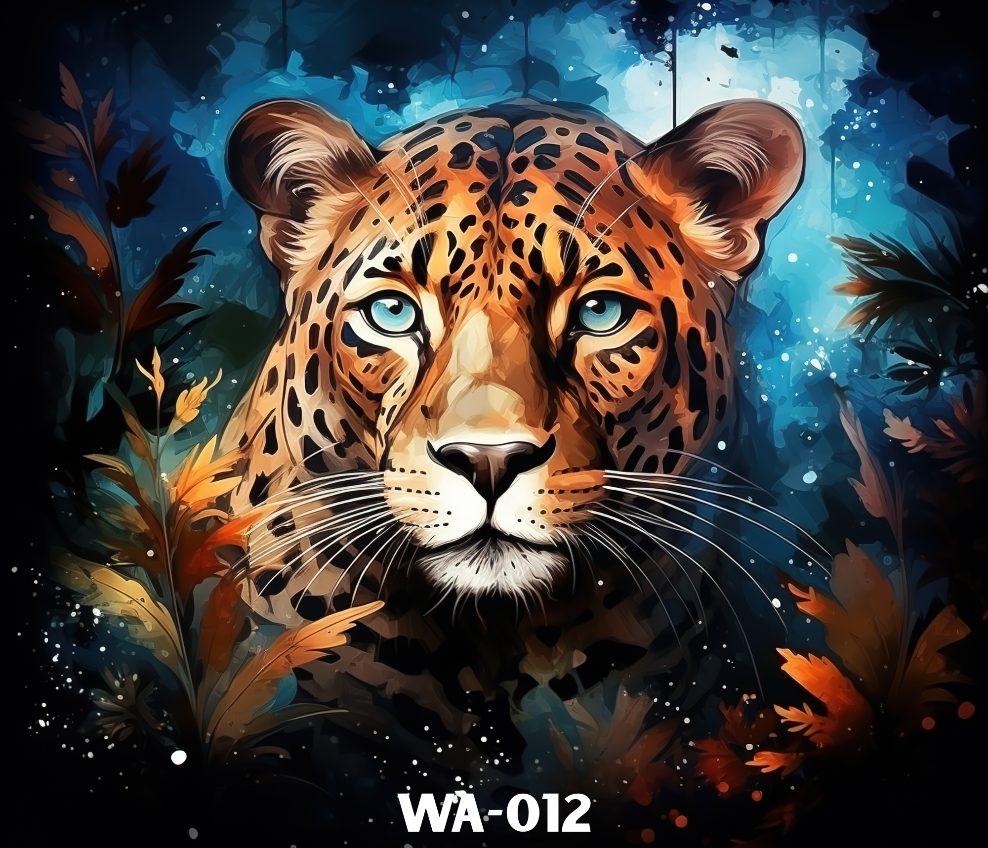 Digital artwork of a leopard with piercing blue eyes surrounded by a stylized jungle scene with leaves and abstract shapes in shades of blue, orange, and black.