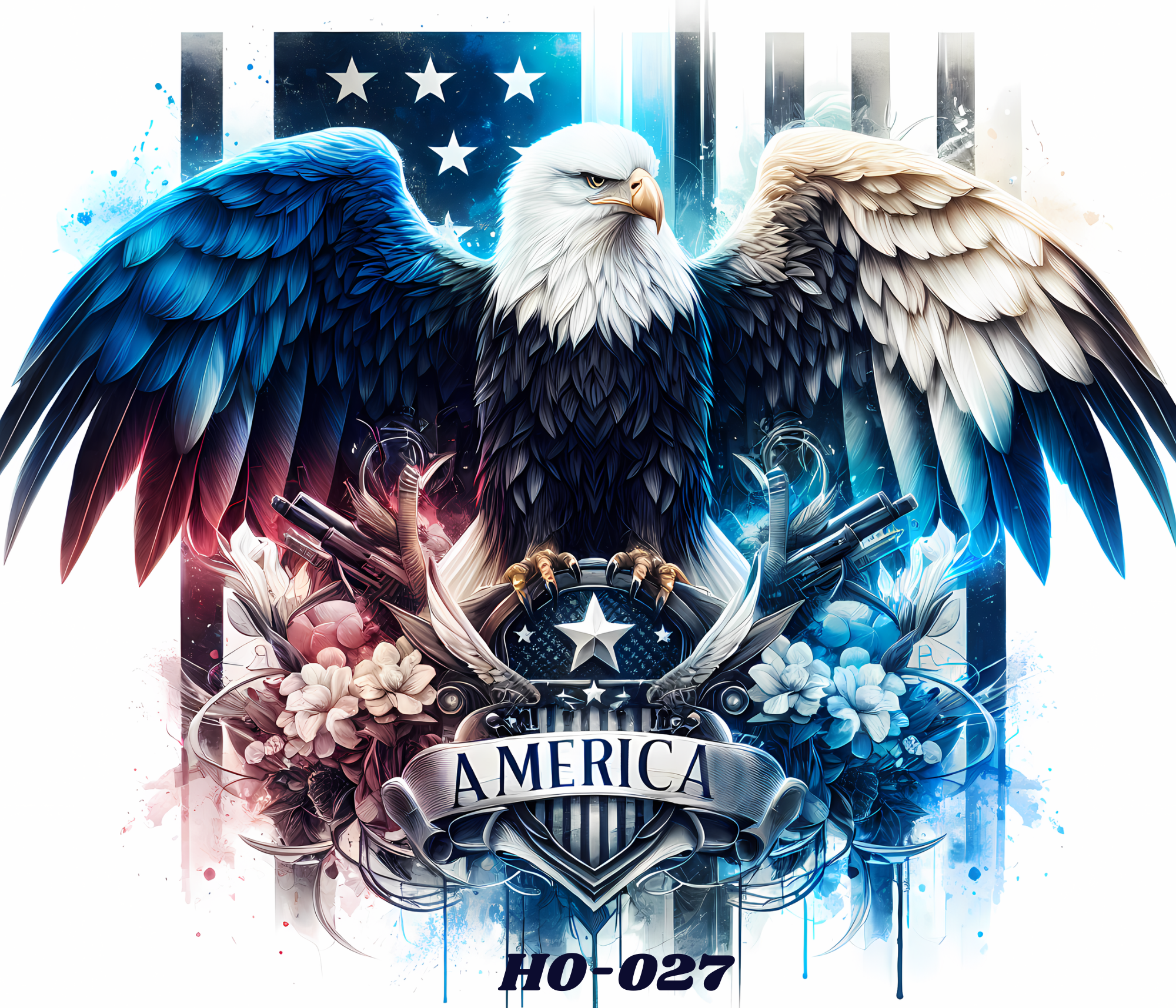 A digitally rendered eagle with blue and white feathers stares forward against a background of the American flag and abstract blue and white splashes, with the words 'America'