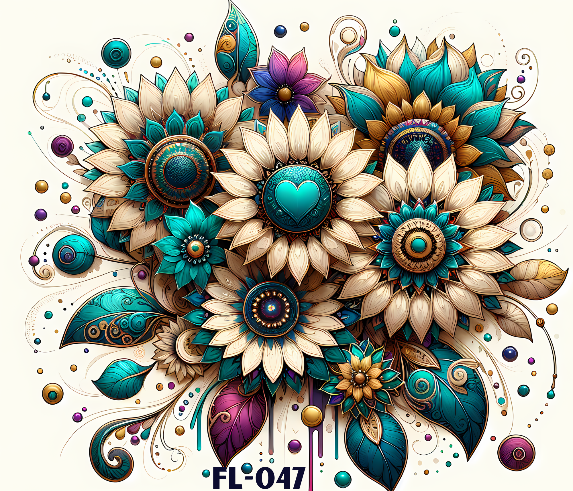Digital artwork featuring vibrant, stylized flowers and abstract shapes in shades of blue, gold, pink, purple, and cream, with a heart symbol and the text 'FL-047' at the bottom.