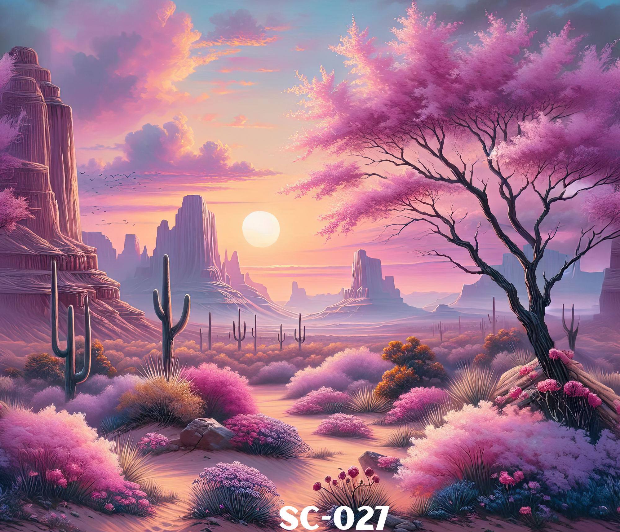A stylized digital painting of a landscape featuring a pink blossoming tree on the right, rocky formations on the left, and a body of water with lush pink and purple foliage. The setting appears to be at sunset or sunrise with a large sun near the horizon, pastel skies, and distant mountains or mesas.