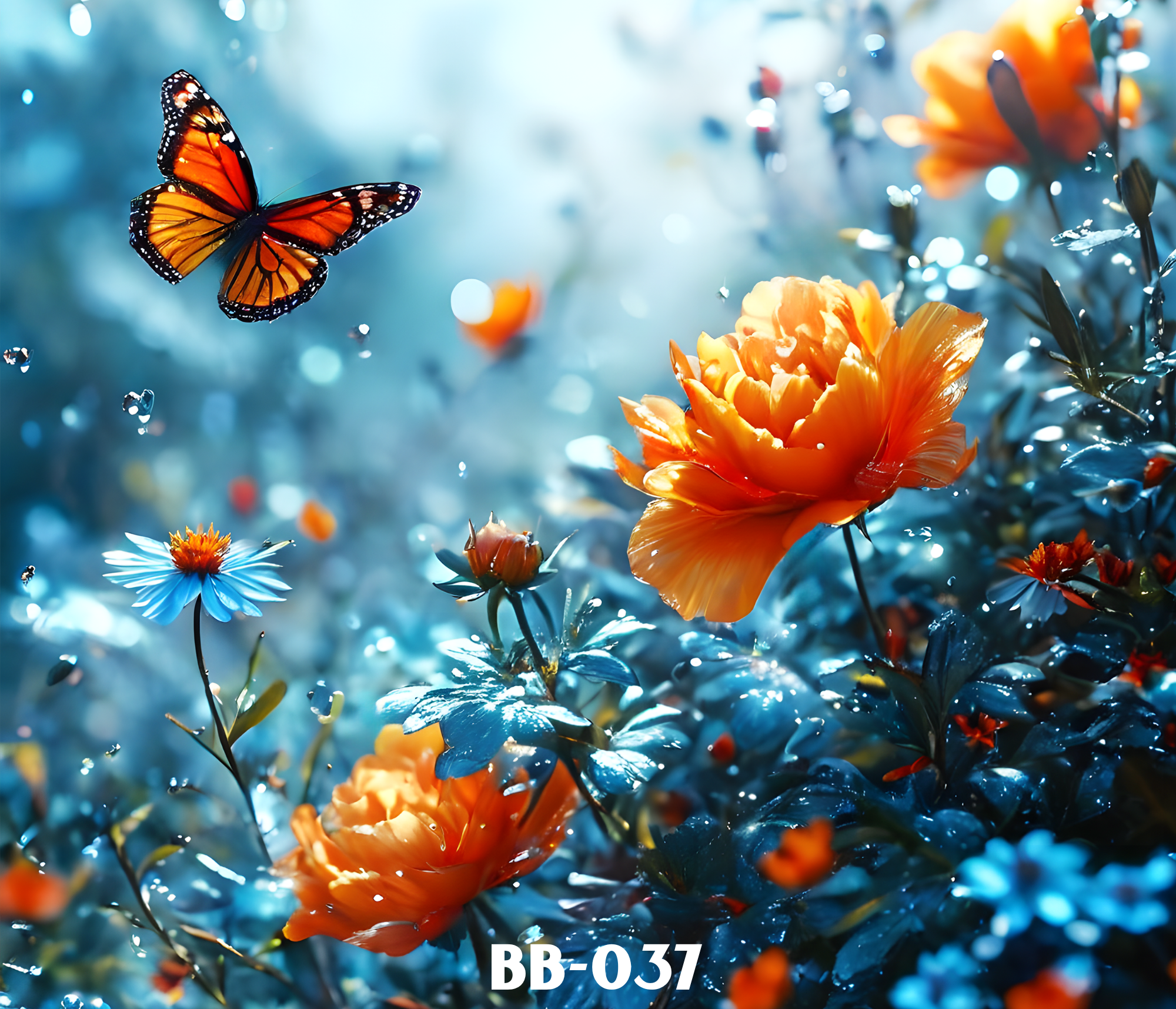 A vibrant scene with a monarch butterfly flying near orange flowers amidst shimmering water droplets and bokeh light effects.