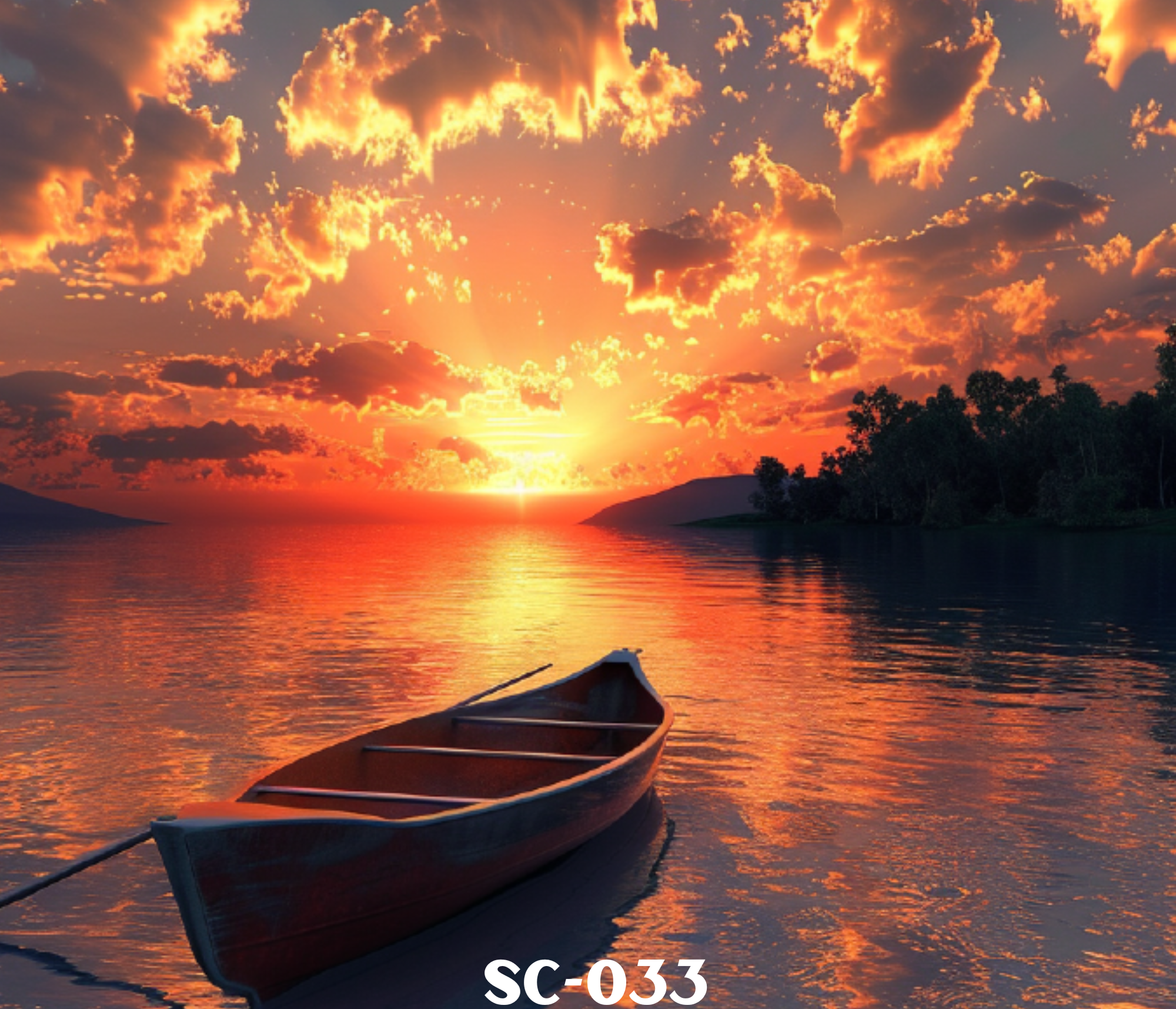 A canoe floating on a calm lake during a vibrant sunset with orange and pink clouds in the sky and silhouettes of trees along the horizon.